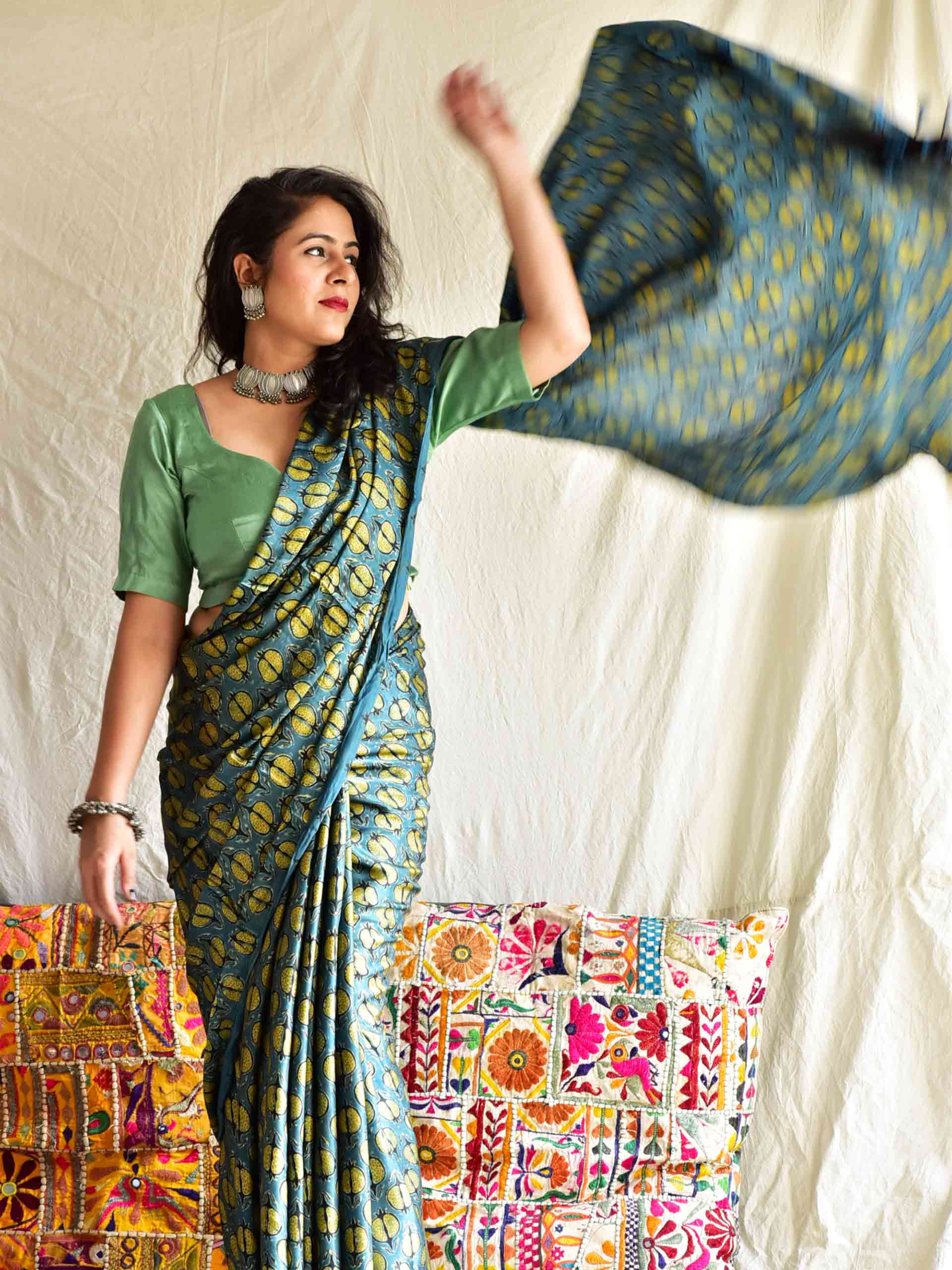 Ajrakh hand block printed Modal Silk Saree