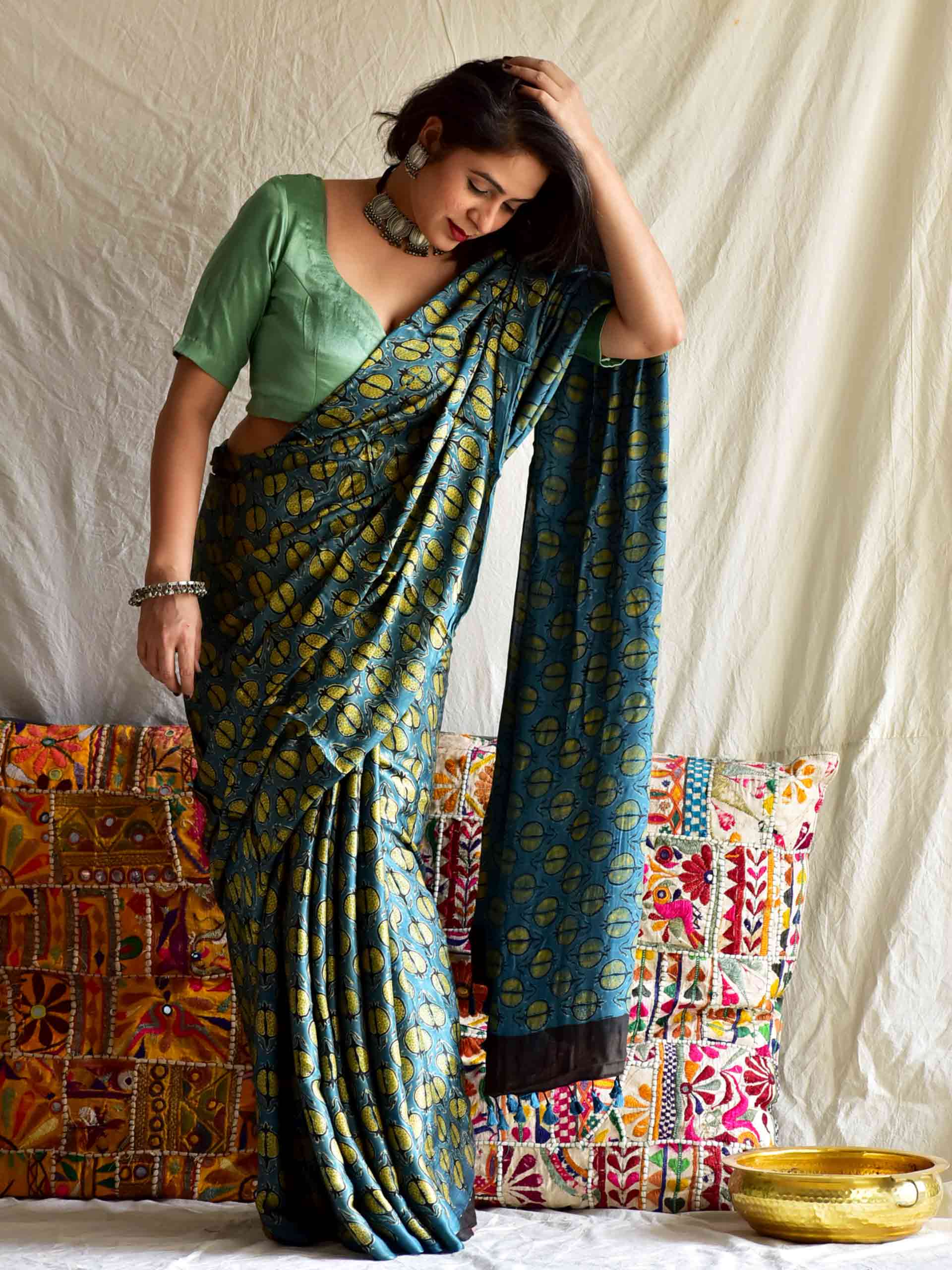 Ajrakh hand block printed Modal Silk Saree