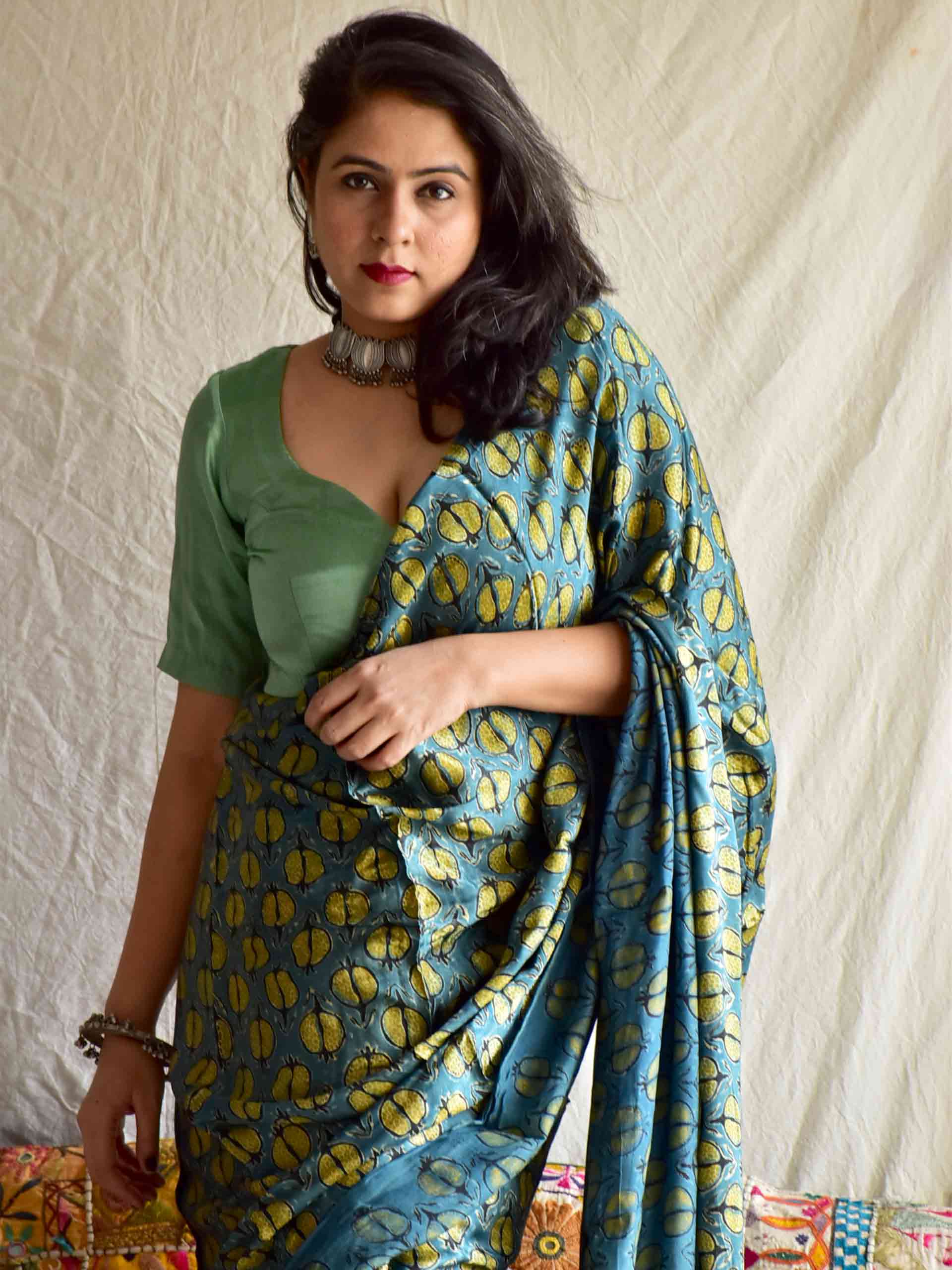 Ajrakh hand block printed Modal Silk Saree
