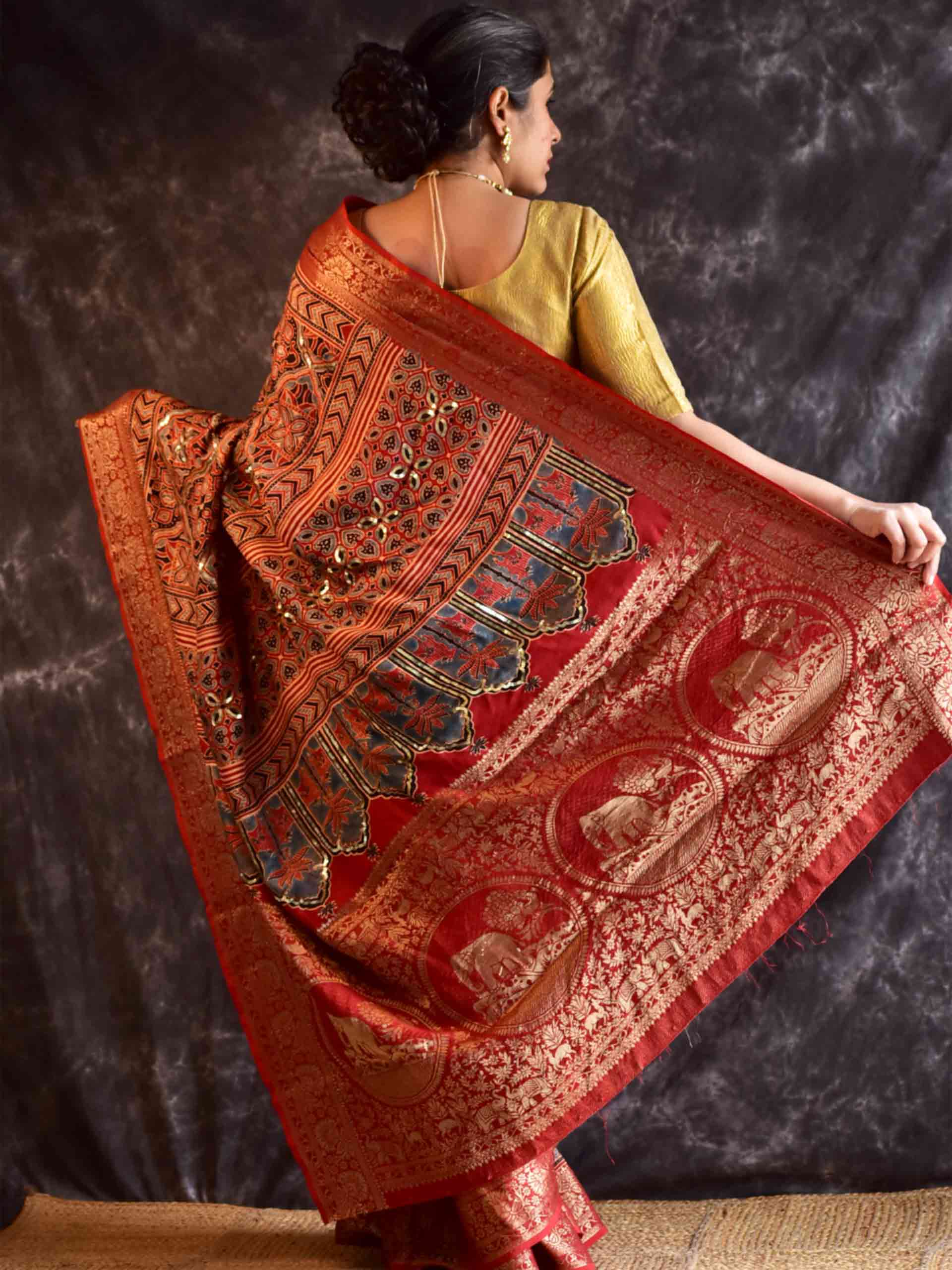 Gehrai - Ajrakh Dola Silk hand embroidered Saree
