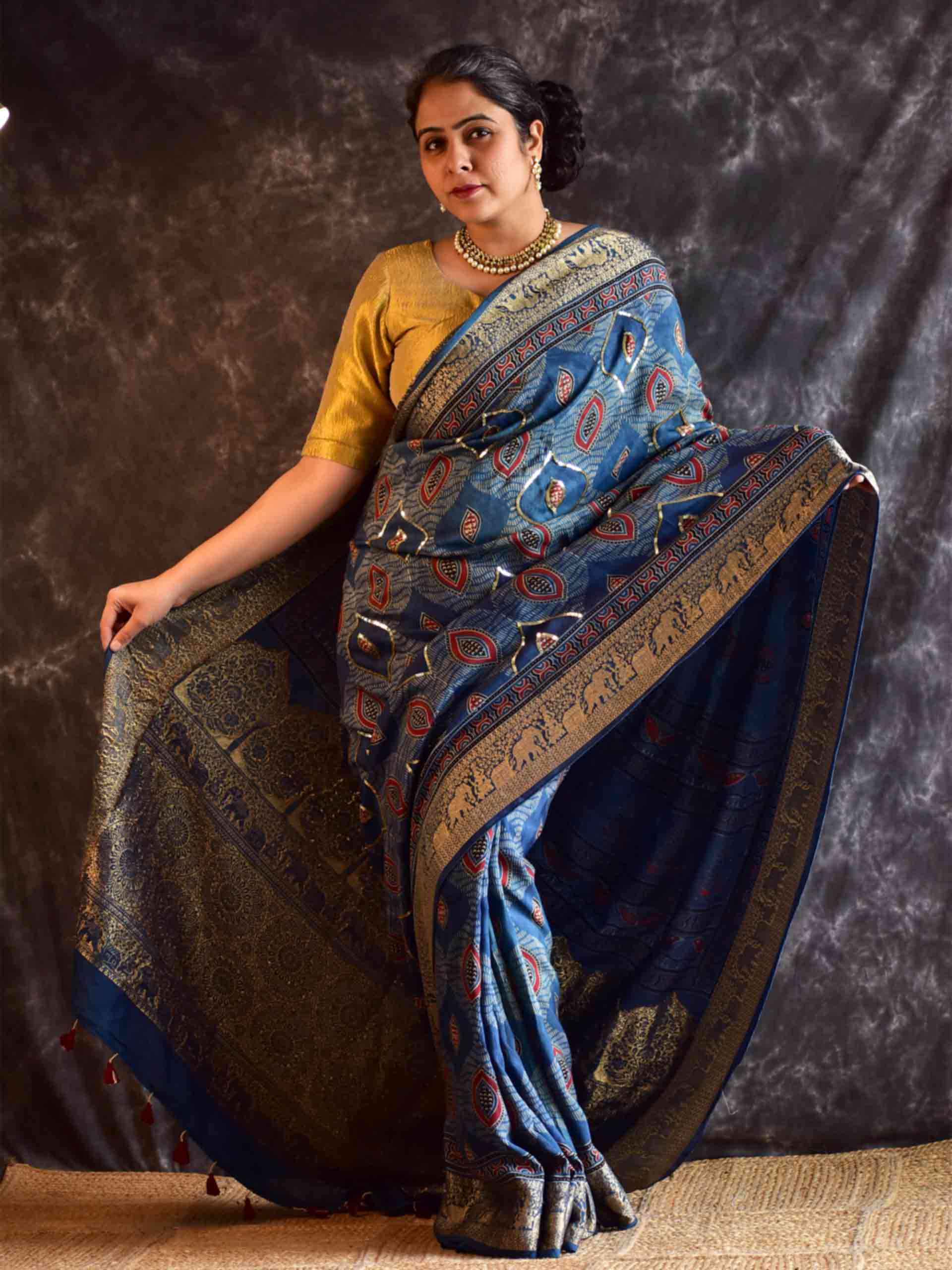 Mor Pankh - Ajrakh Dola Silk hand embroidered Saree