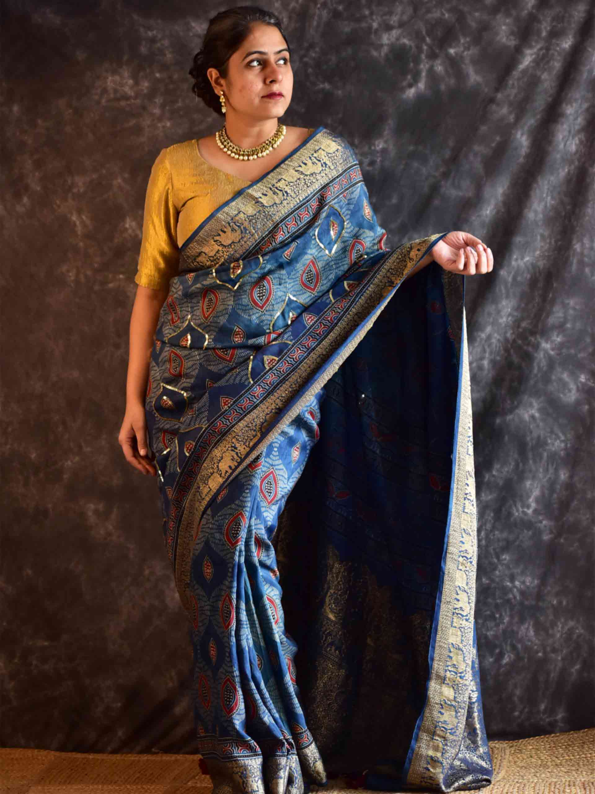Mor Pankh - Ajrakh Dola Silk hand embroidered Saree