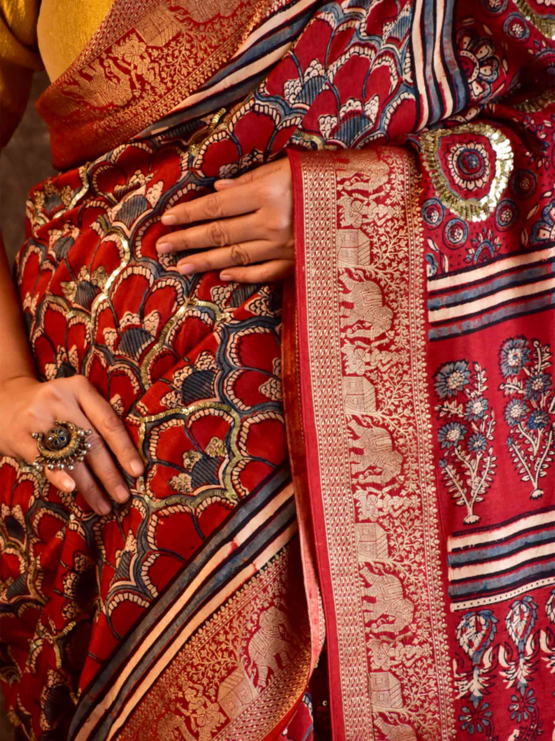 Mohini - Ajrakh Dola Silk hand embroidered Saree