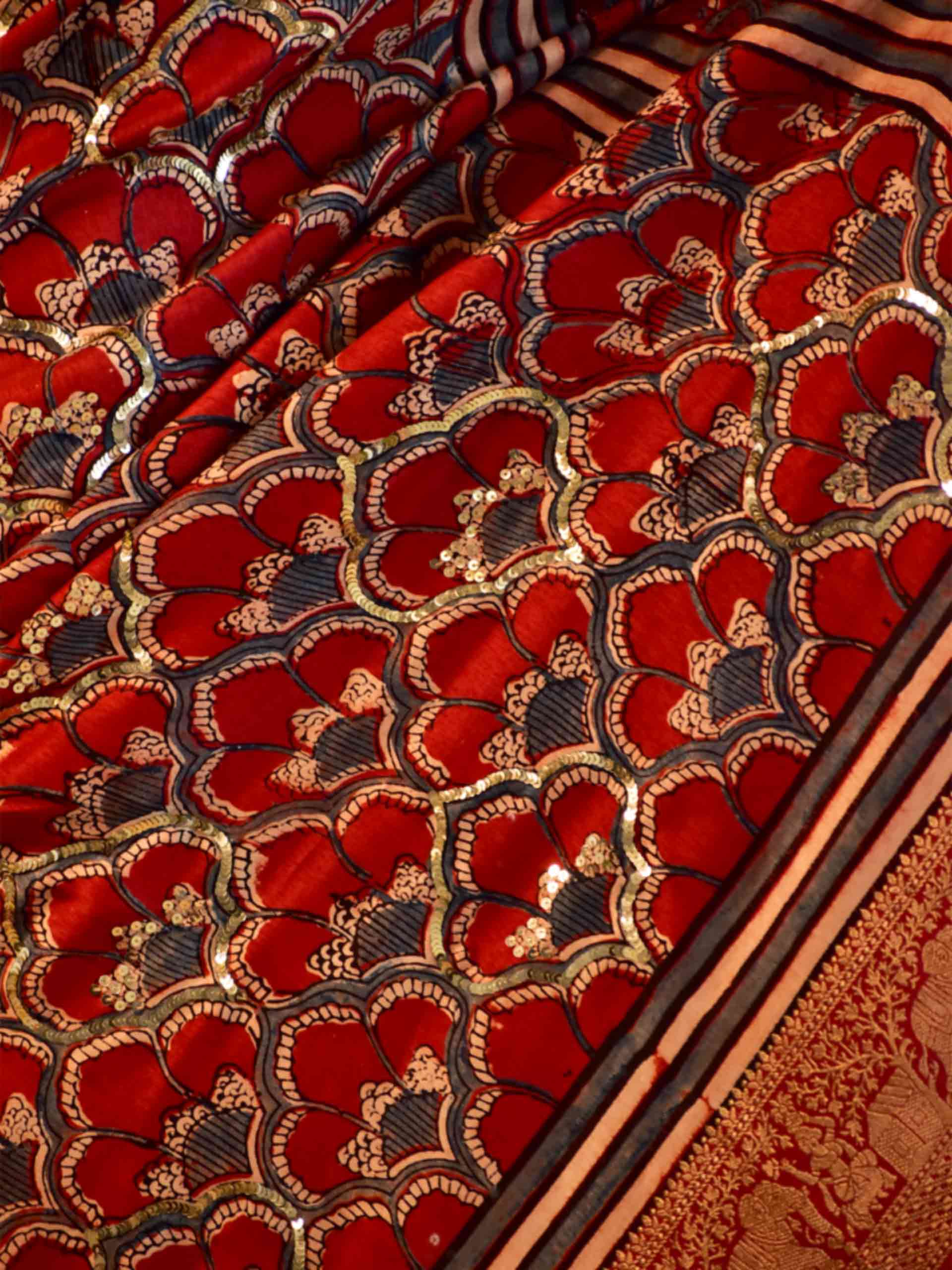 Mohini - Ajrakh Dola Silk hand embroidered Saree