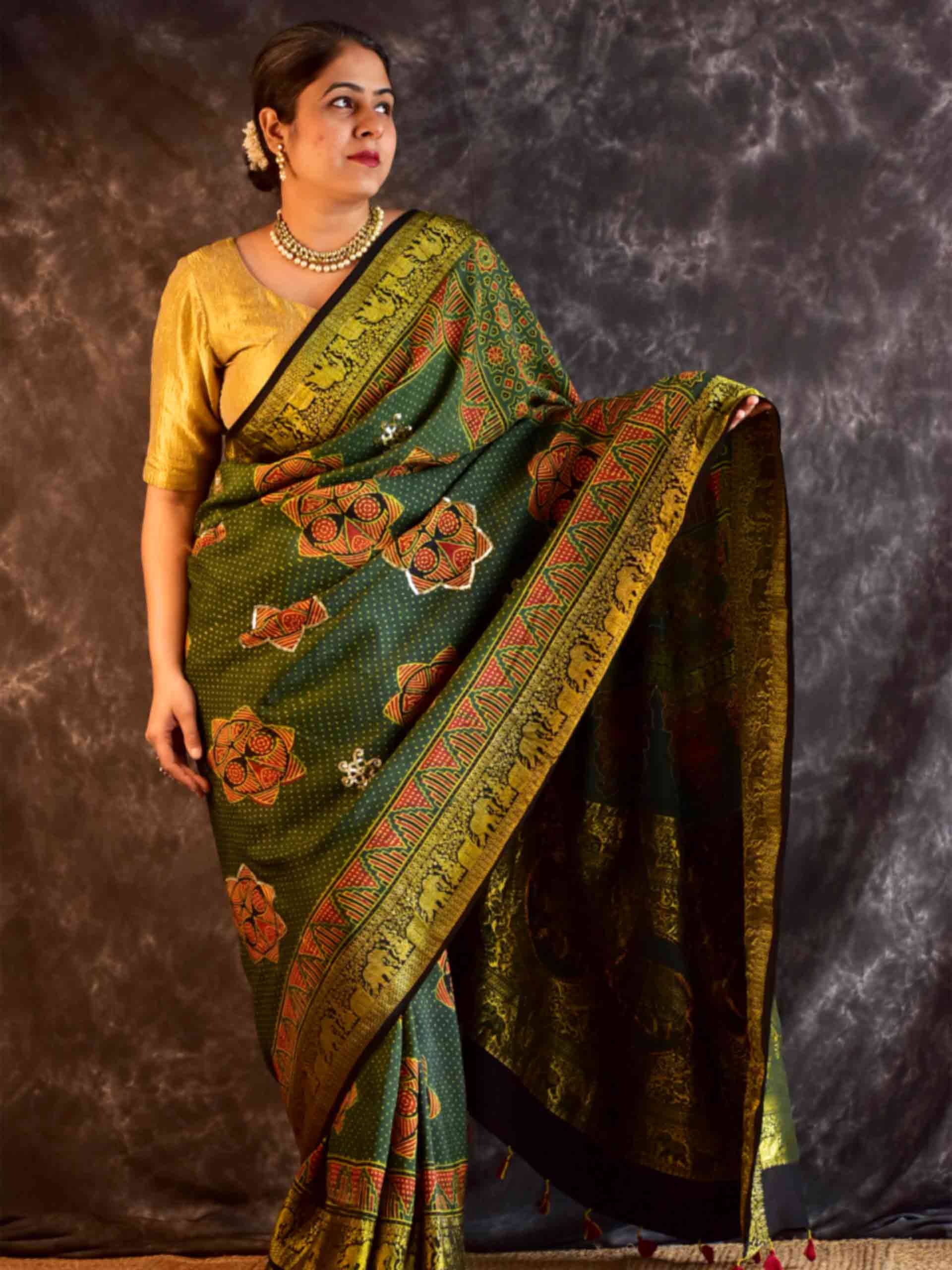 Vanya - Ajrakh Dola Silk hand embroidered Saree