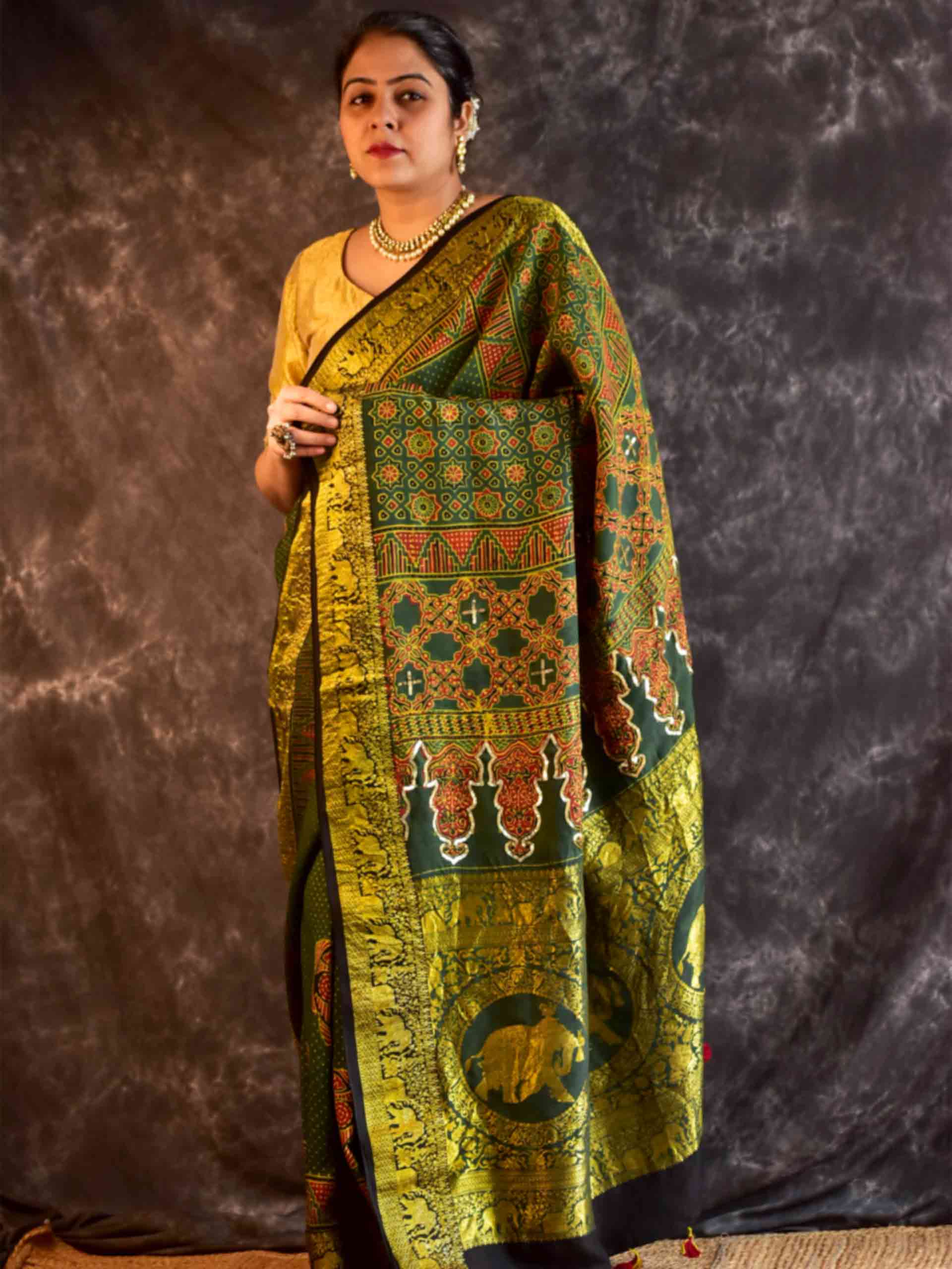 Vanya - Ajrakh Dola Silk hand embroidered Saree
