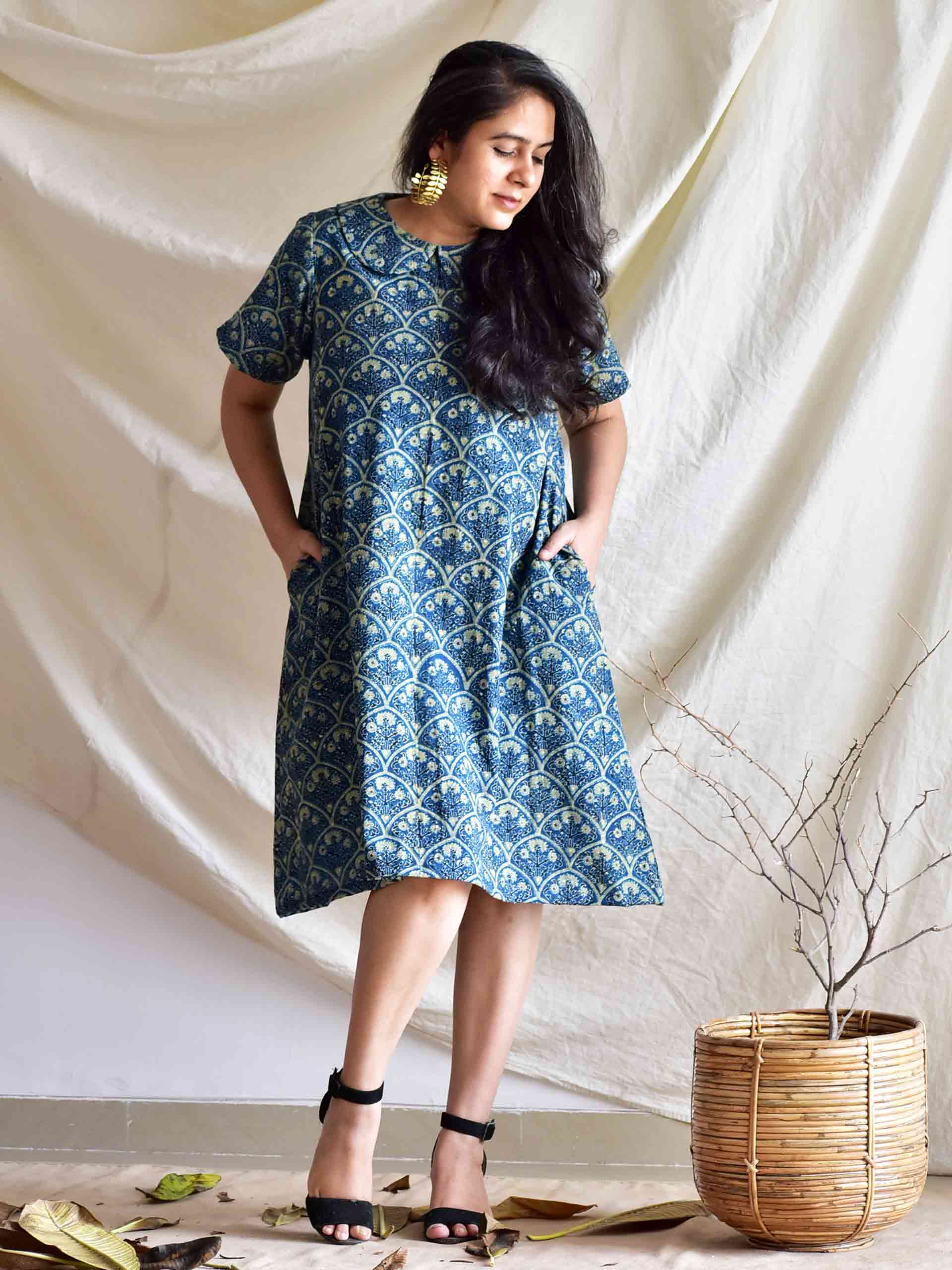 ajrakh cotton dress Indigo Cotton Dress, Hand-printed Ajrakh Fabric, Kutchi Embroidery