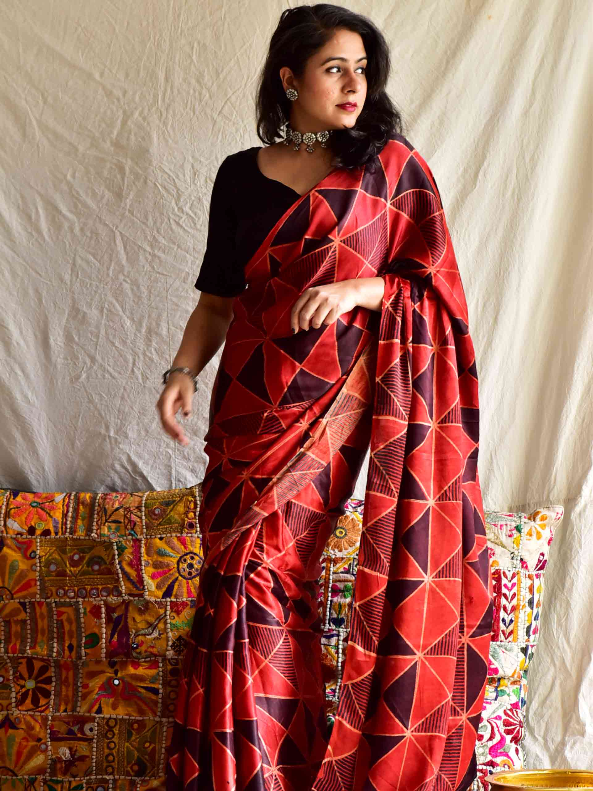 Buy Ajrakh Hand Block Printed Modal Silk Saree Online