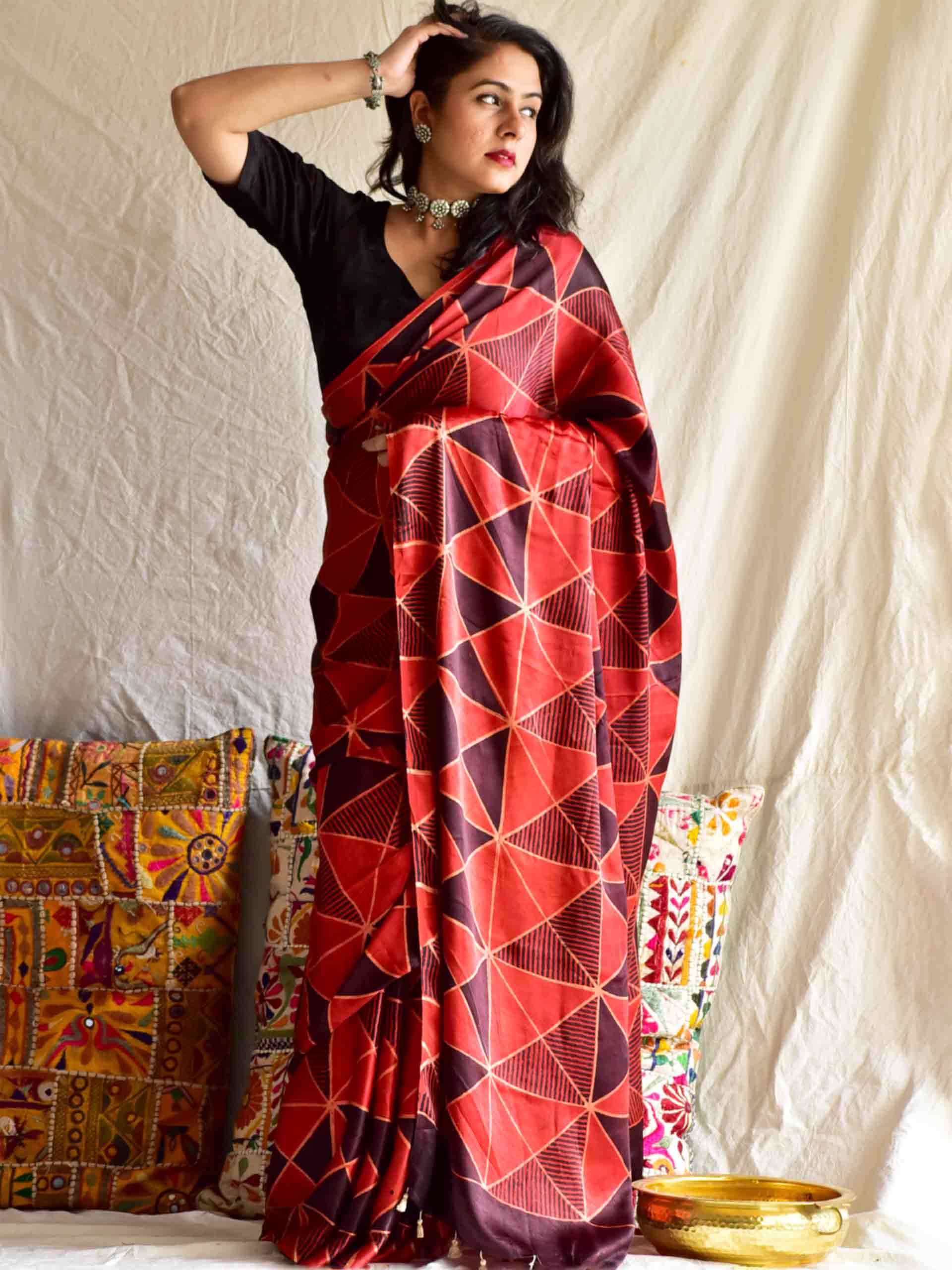 Buy Ajrakh Hand Block Printed Modal Silk Saree Online