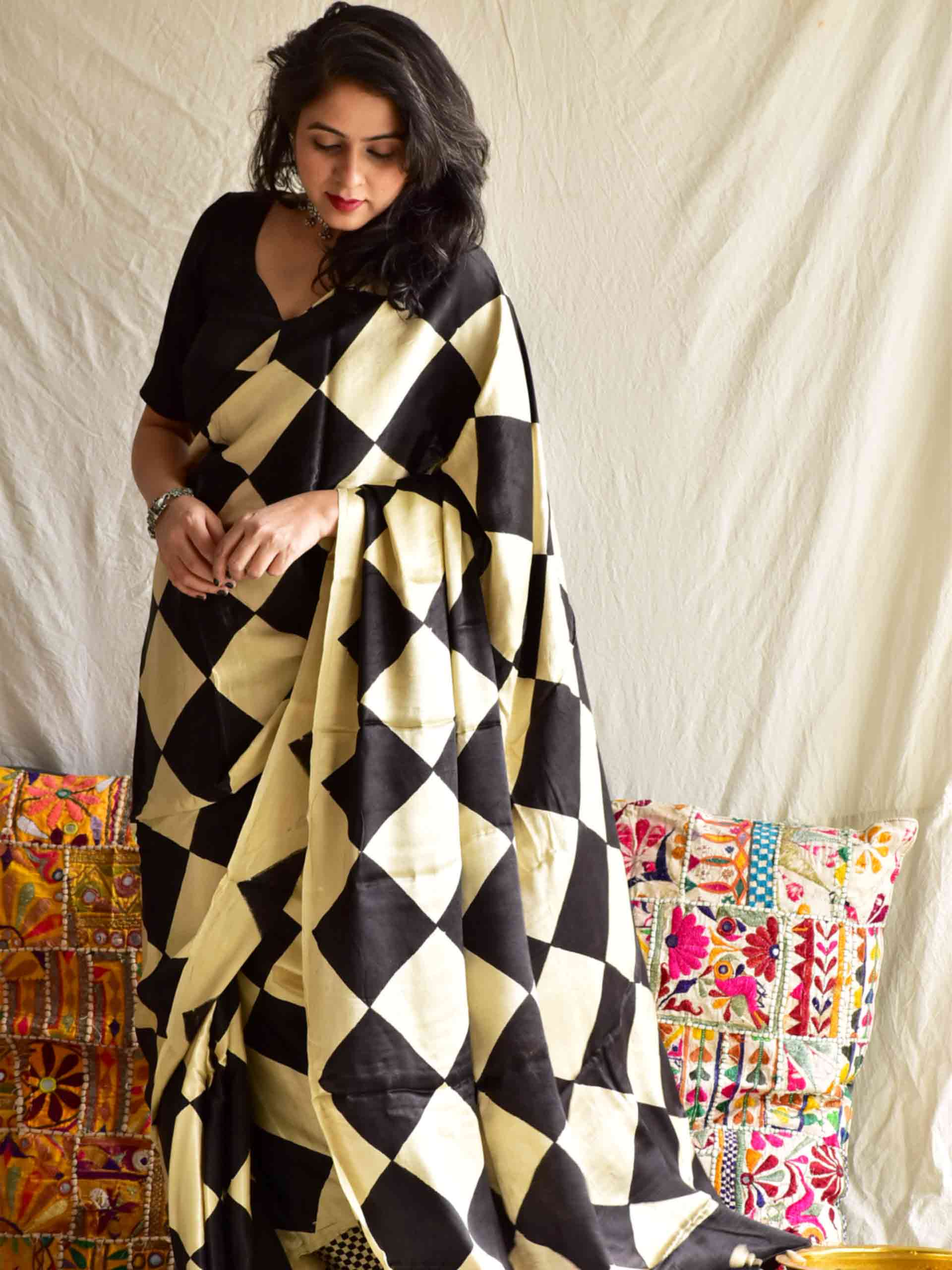 Buy Ajrakh Hand Block Printed Modal Silk Saree Online