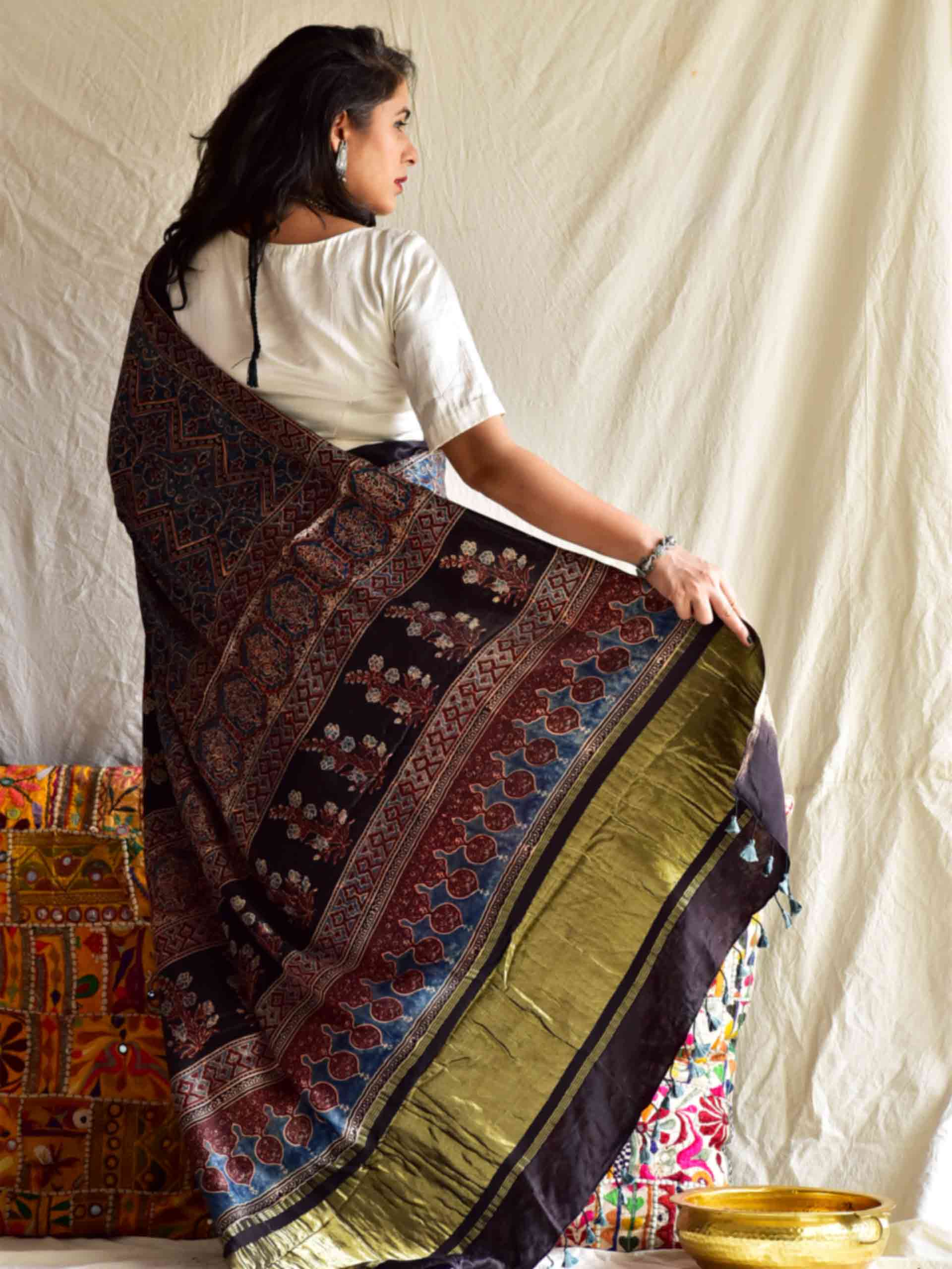 Buy Ajrakh Hand Block Printed Modal Silk Saree Online