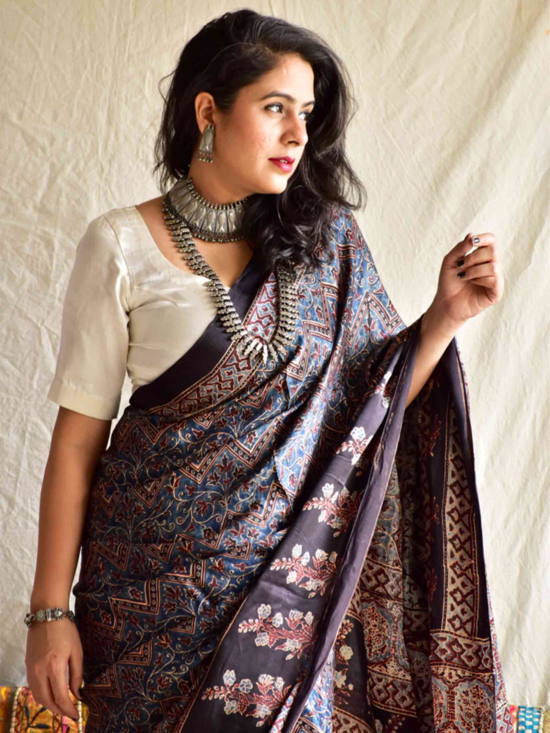 Buy Ajrakh Hand Block Printed Modal Silk Saree Online