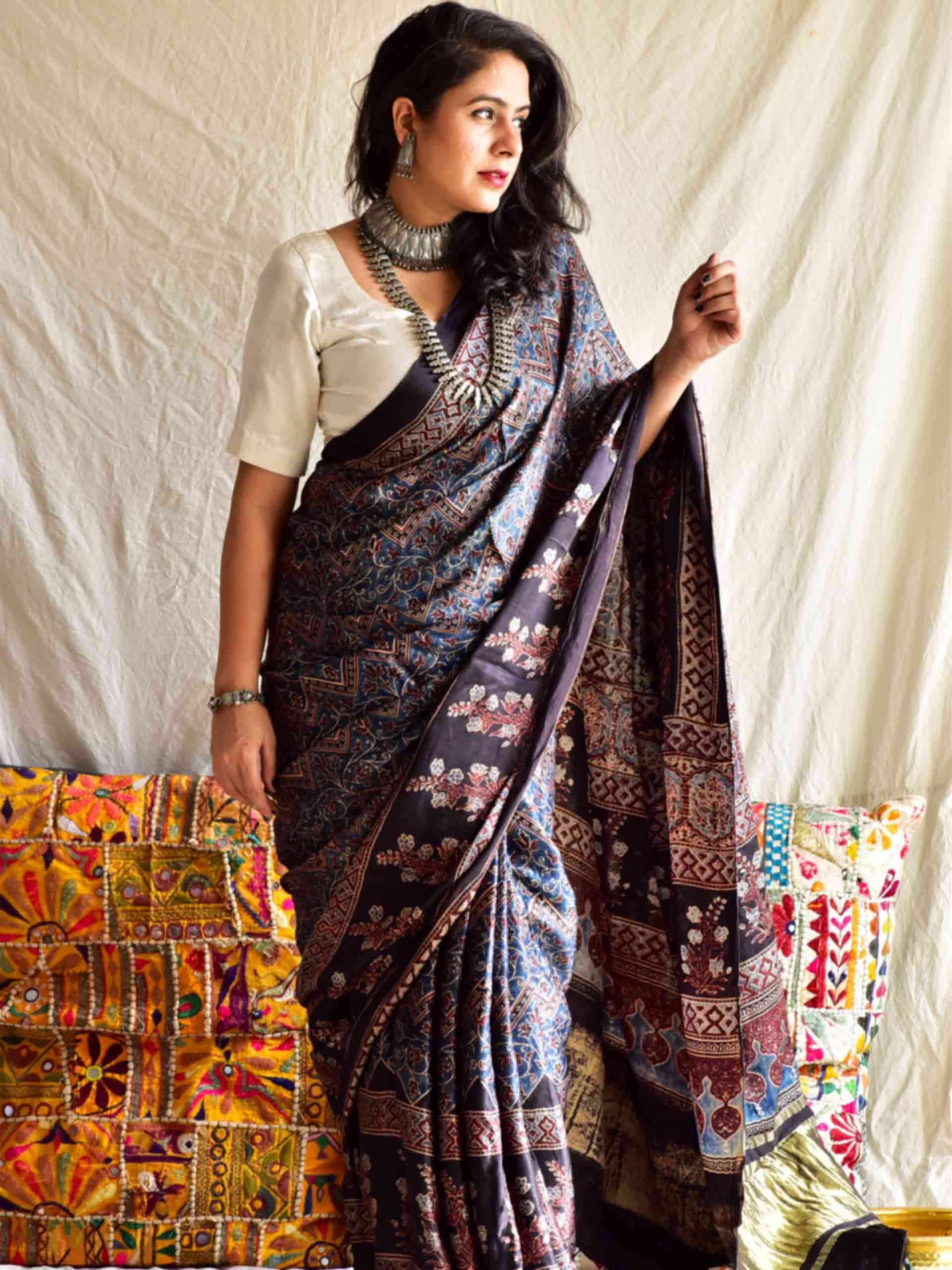Buy Ajrakh Hand Block Printed Modal Silk Saree Online