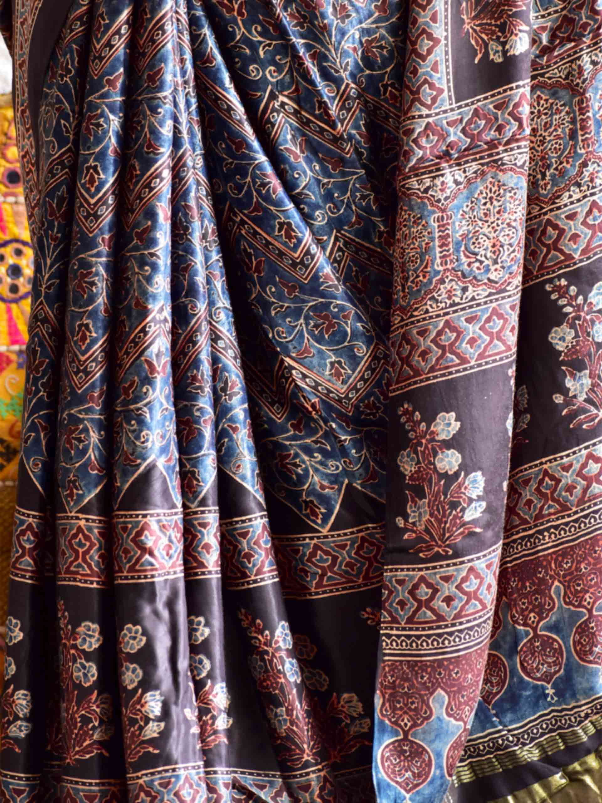 Buy Ajrakh Hand Block Printed Modal Silk Saree Online