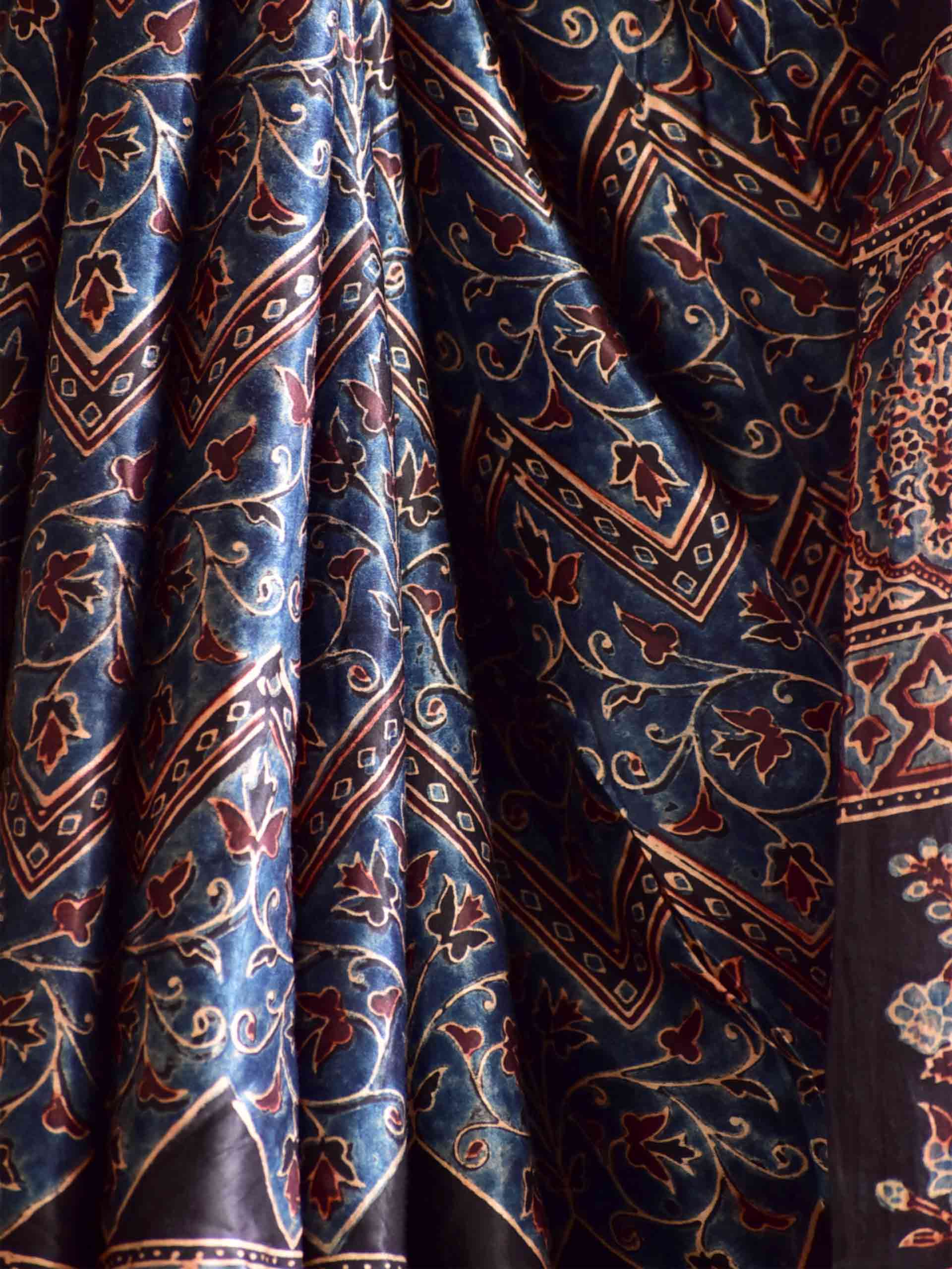 Buy Ajrakh Hand Block Printed Modal Silk Saree Online