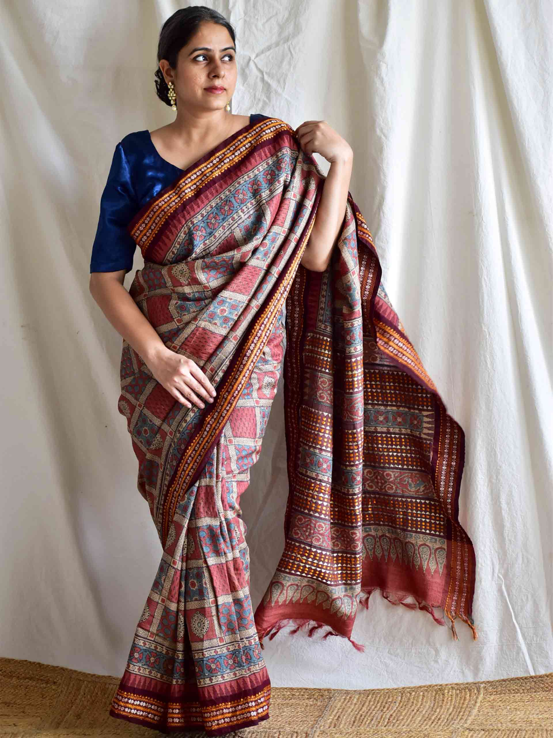 Gumaan - Ajrakh tussar silk embroidered saree