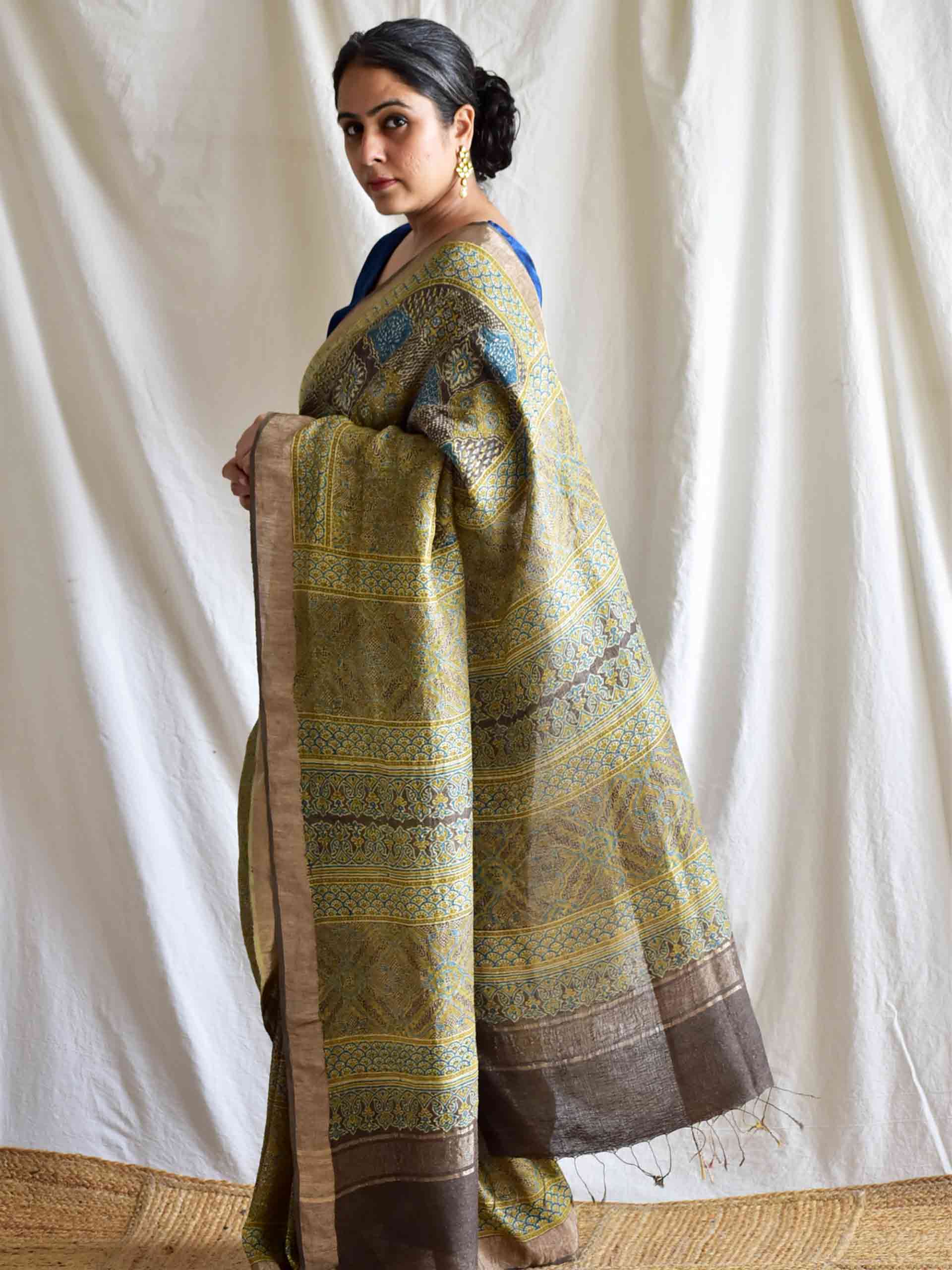 Mehreen - Ajrakh handloom Linen silk saree