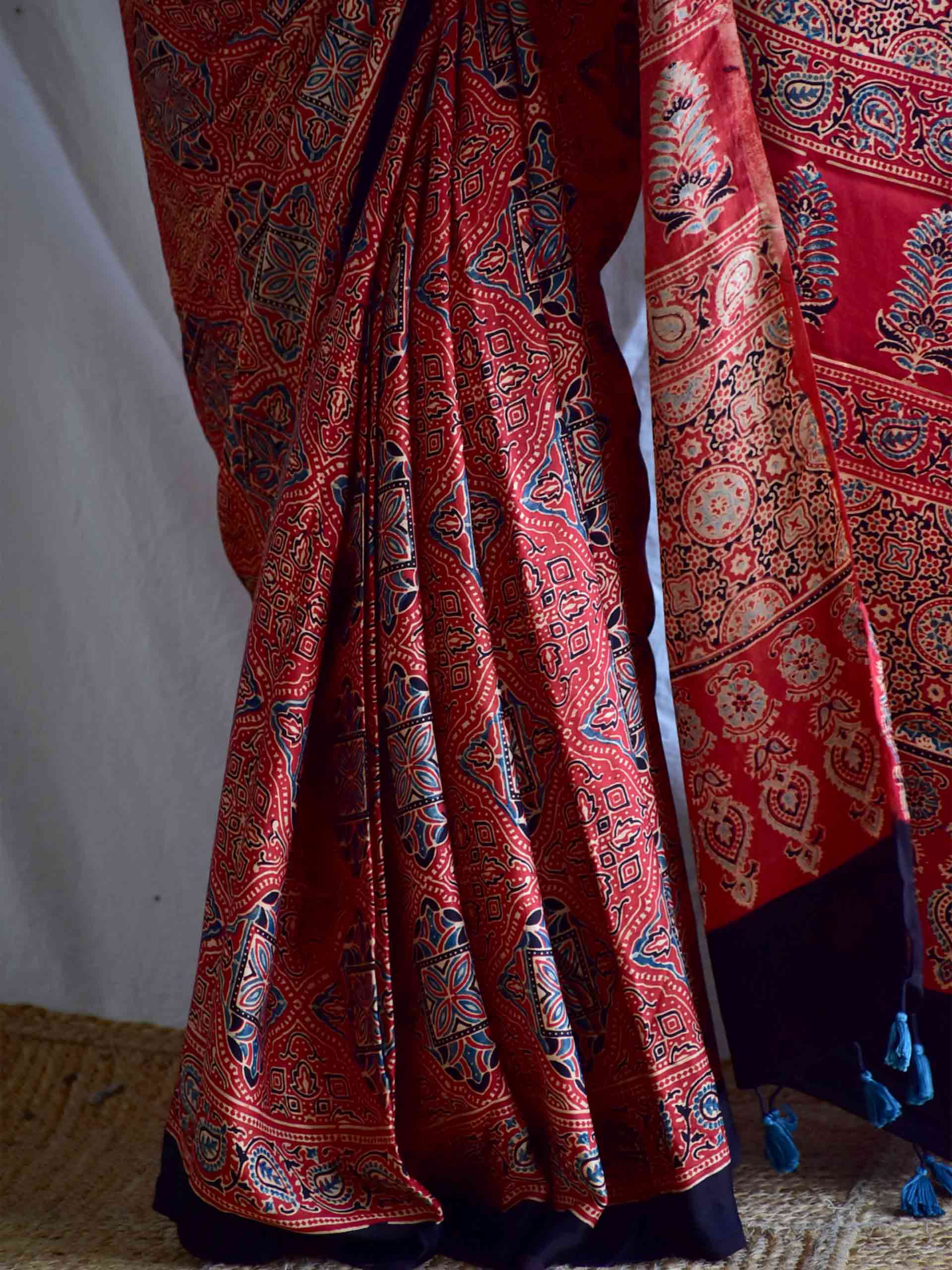 Maroon Ajrakh hand block printed Modal silk saree