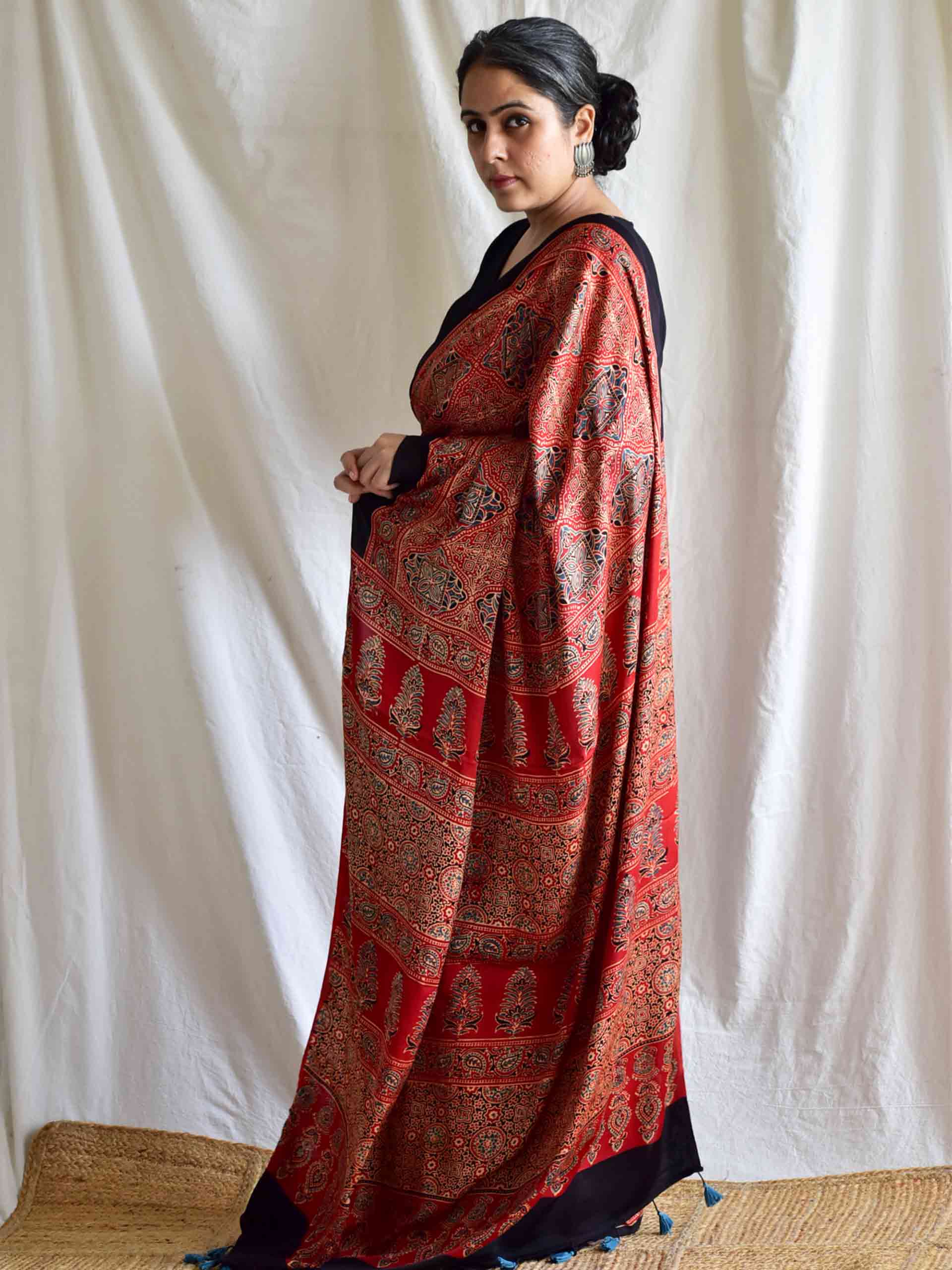 Maroon Ajrakh hand block printed Modal silk saree