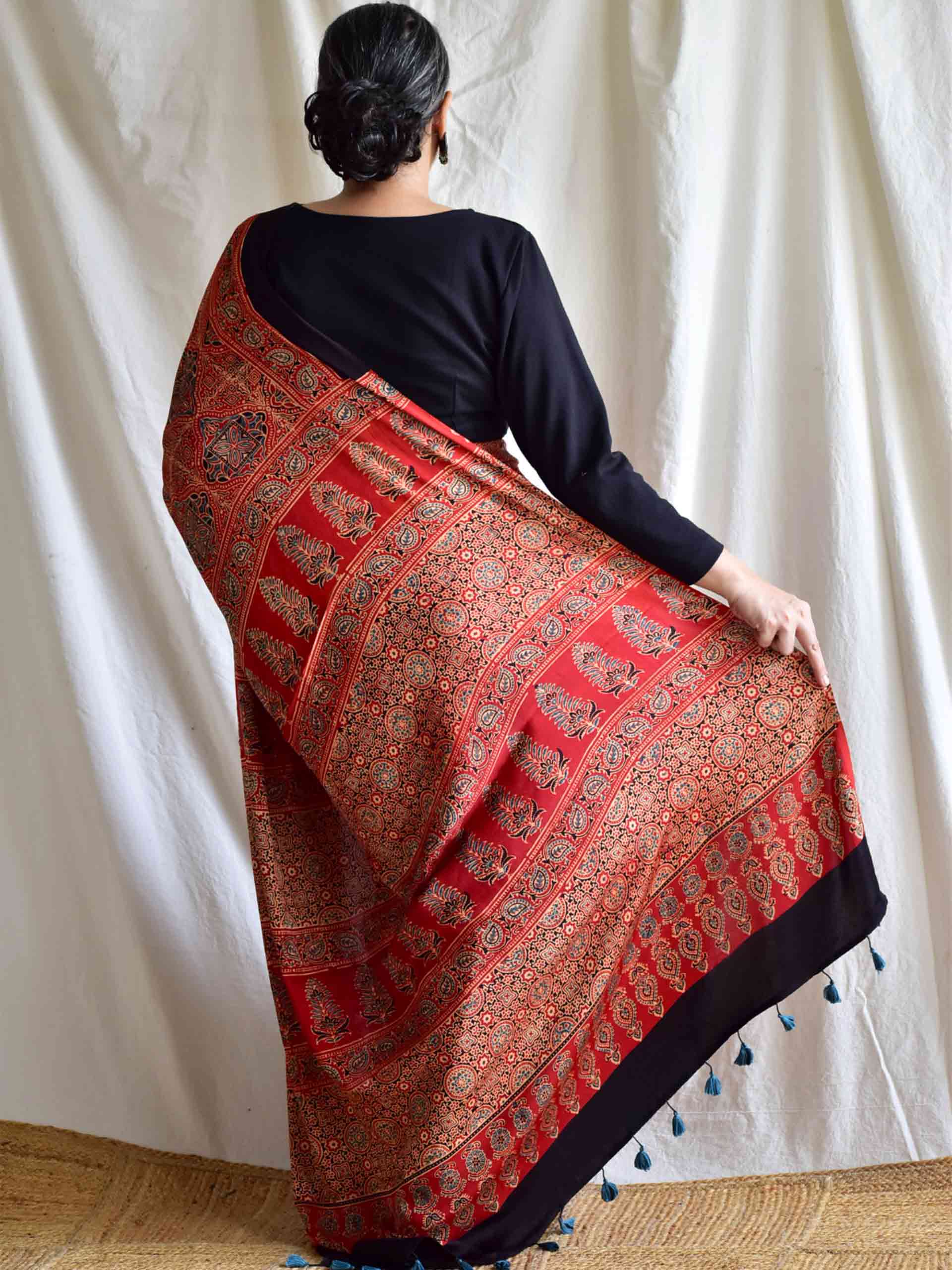 Maroon Ajrakh hand block printed Modal silk saree