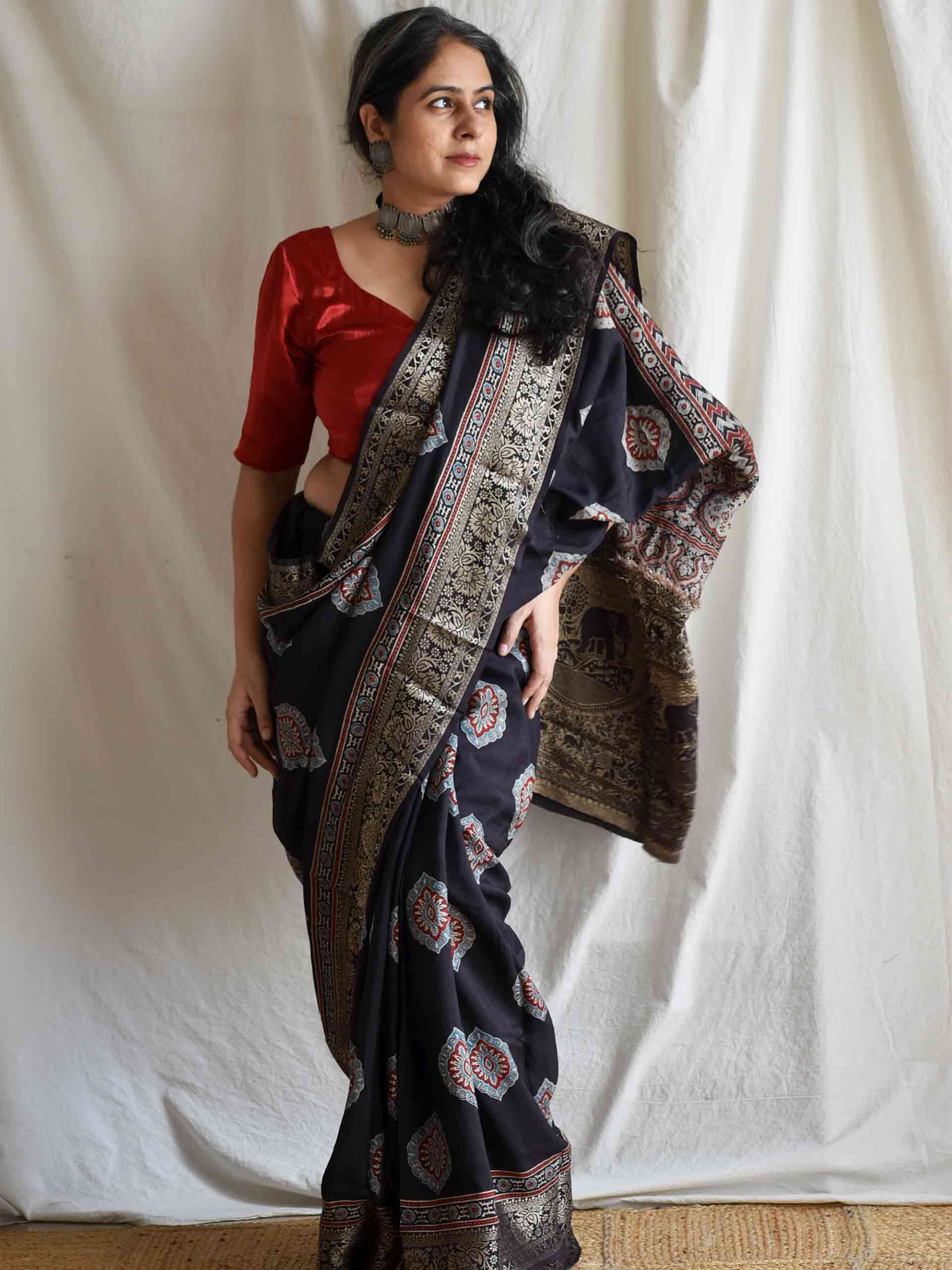 zehnaseeb - Ajrakh Dola silk zari pallu saree