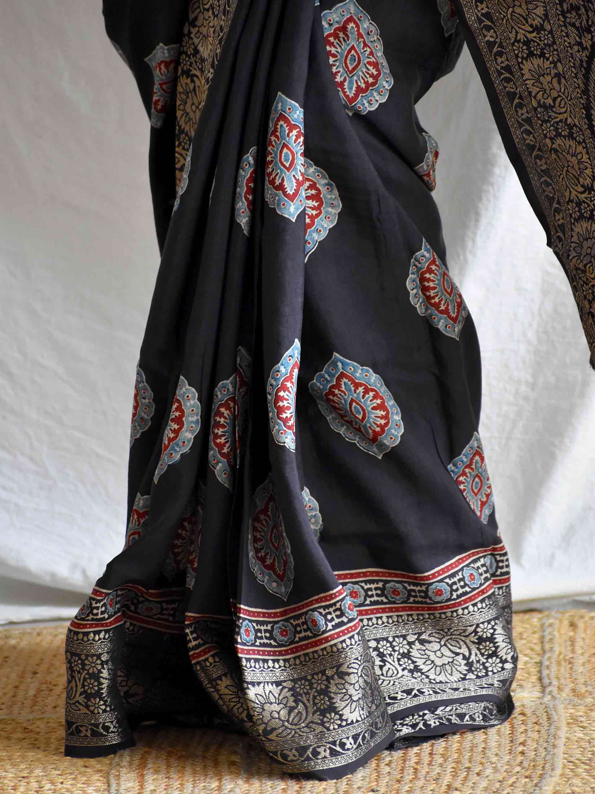 zehnaseeb - Ajrakh Dola silk zari pallu saree