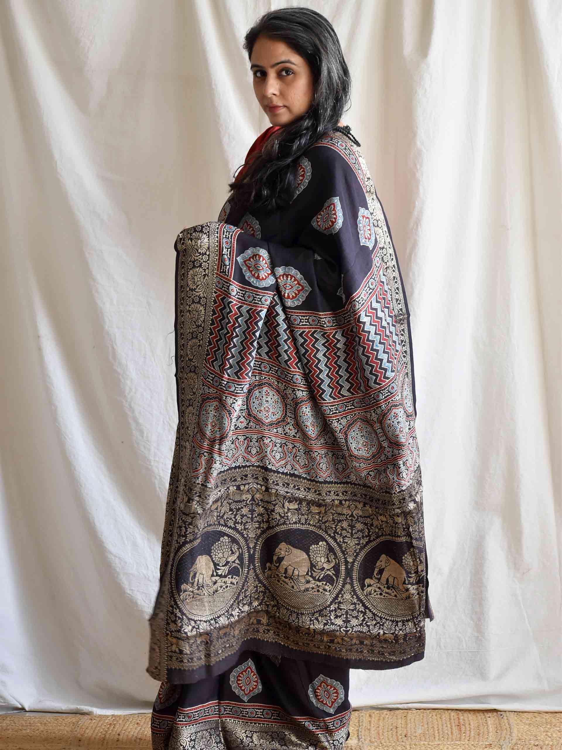 zehnaseeb - Ajrakh Dola silk zari pallu saree