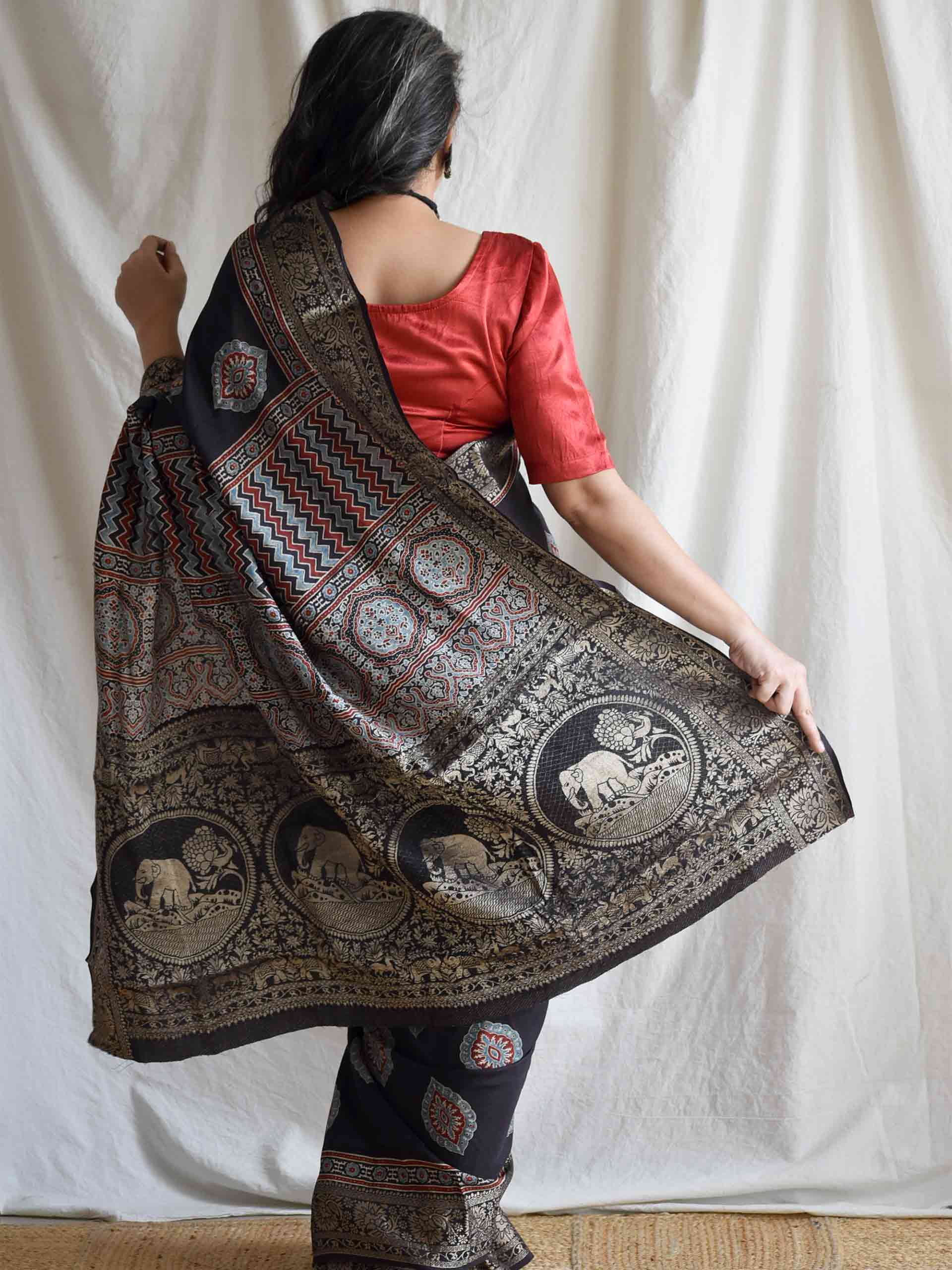 zehnaseeb - Ajrakh Dola silk zari pallu saree