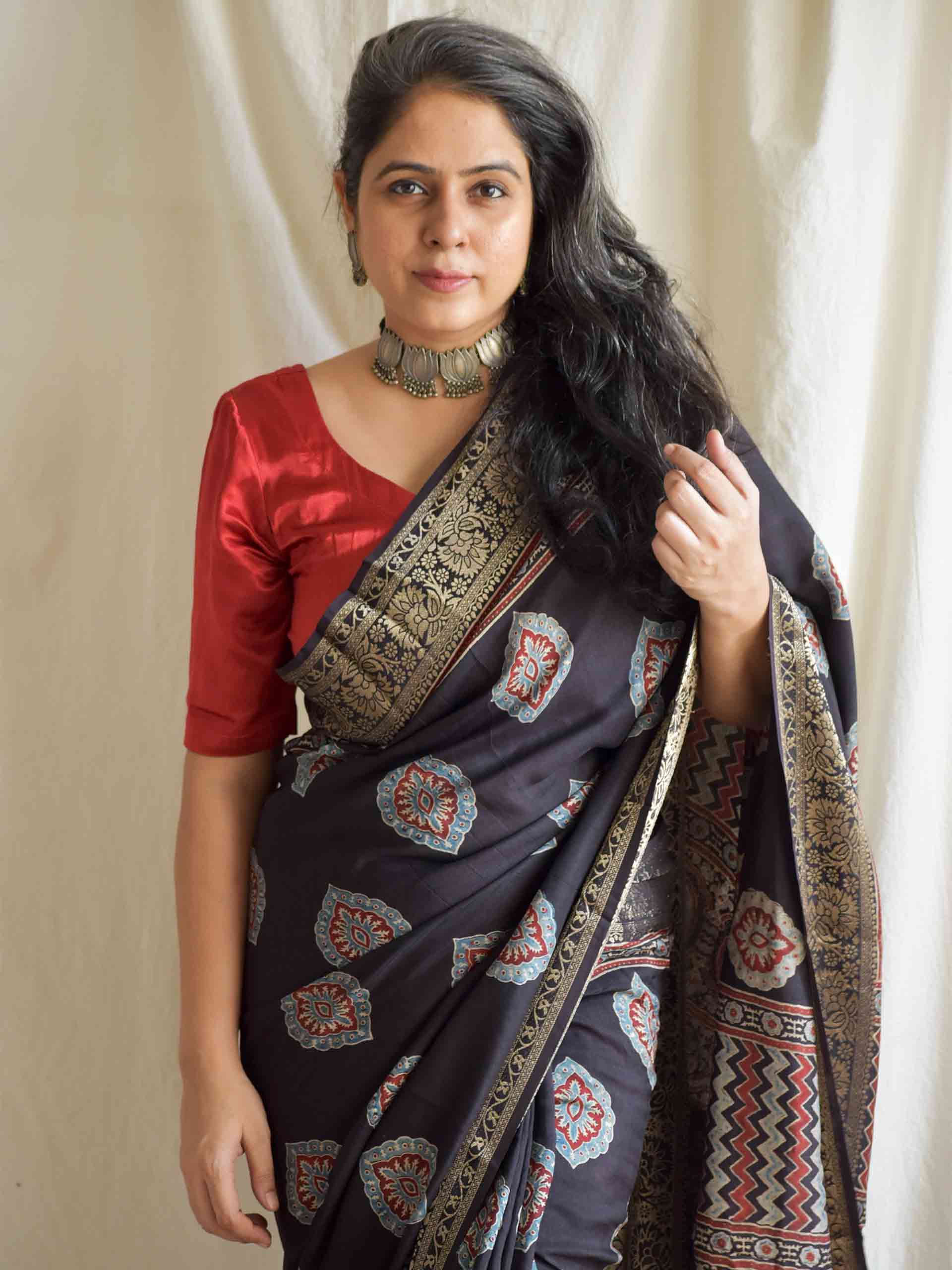 zehnaseeb - Ajrakh Dola silk zari pallu saree