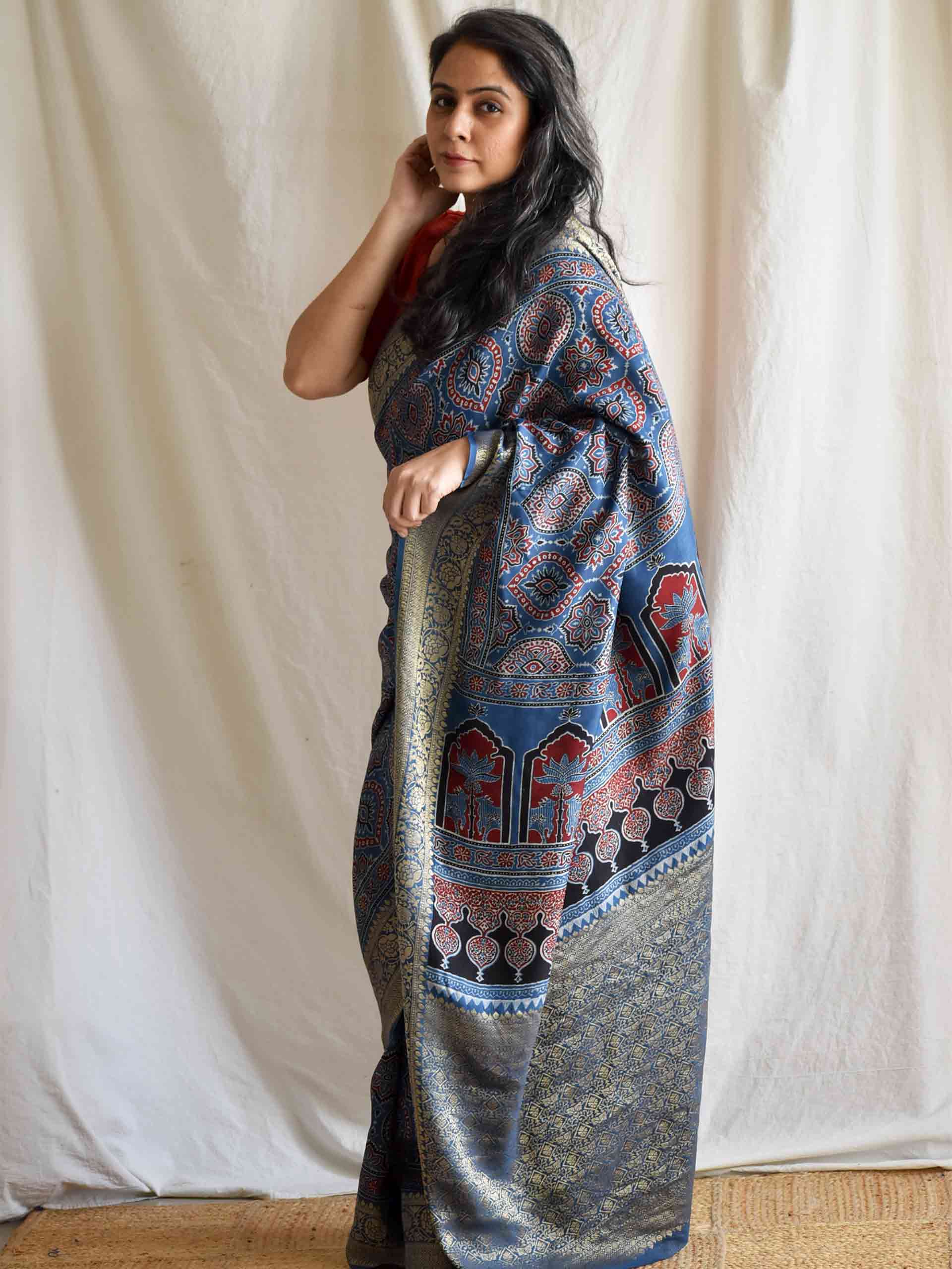 galiyaara - Ajrakh Dola silk zari pallu saree