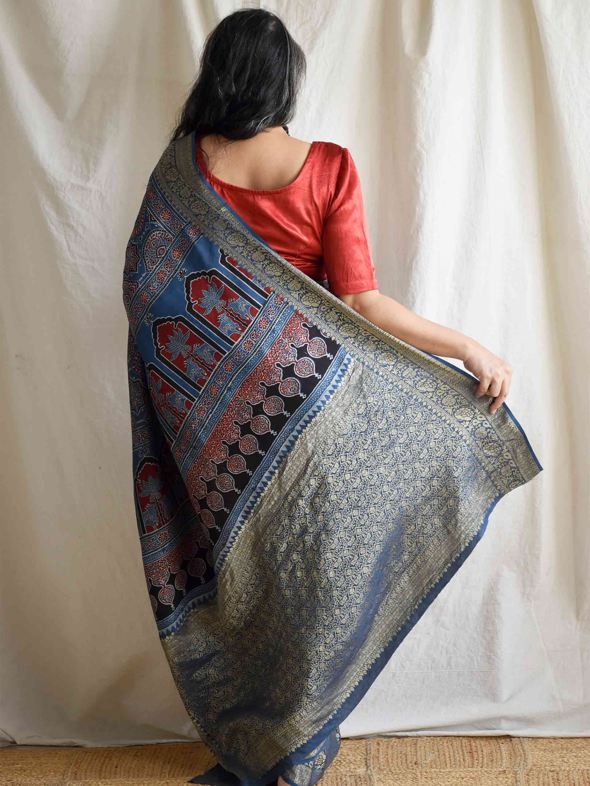 galiyaara - Ajrakh Dola silk zari pallu saree