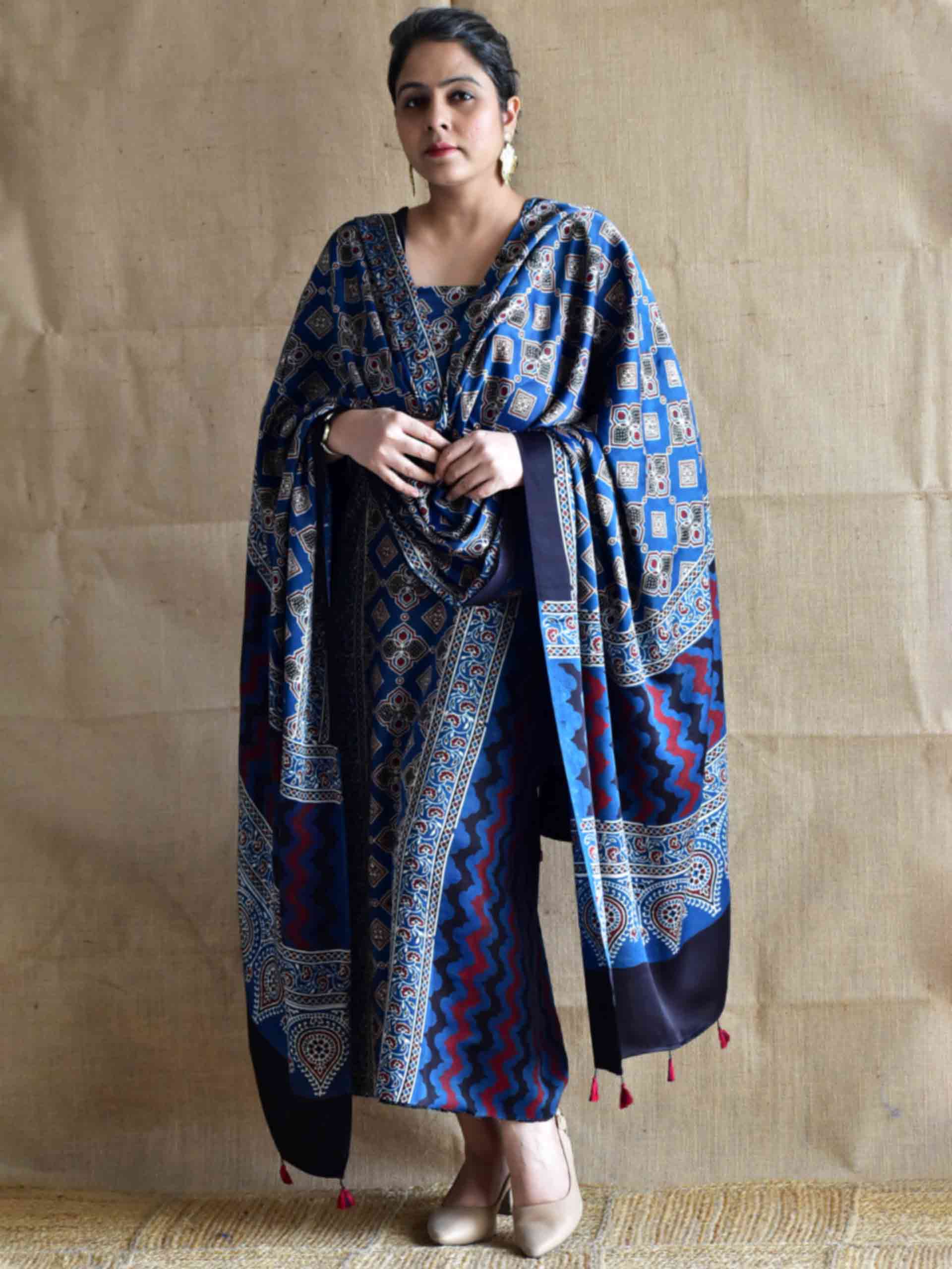 Nila Rang Ajrakh Modal silk 2 pc suit set