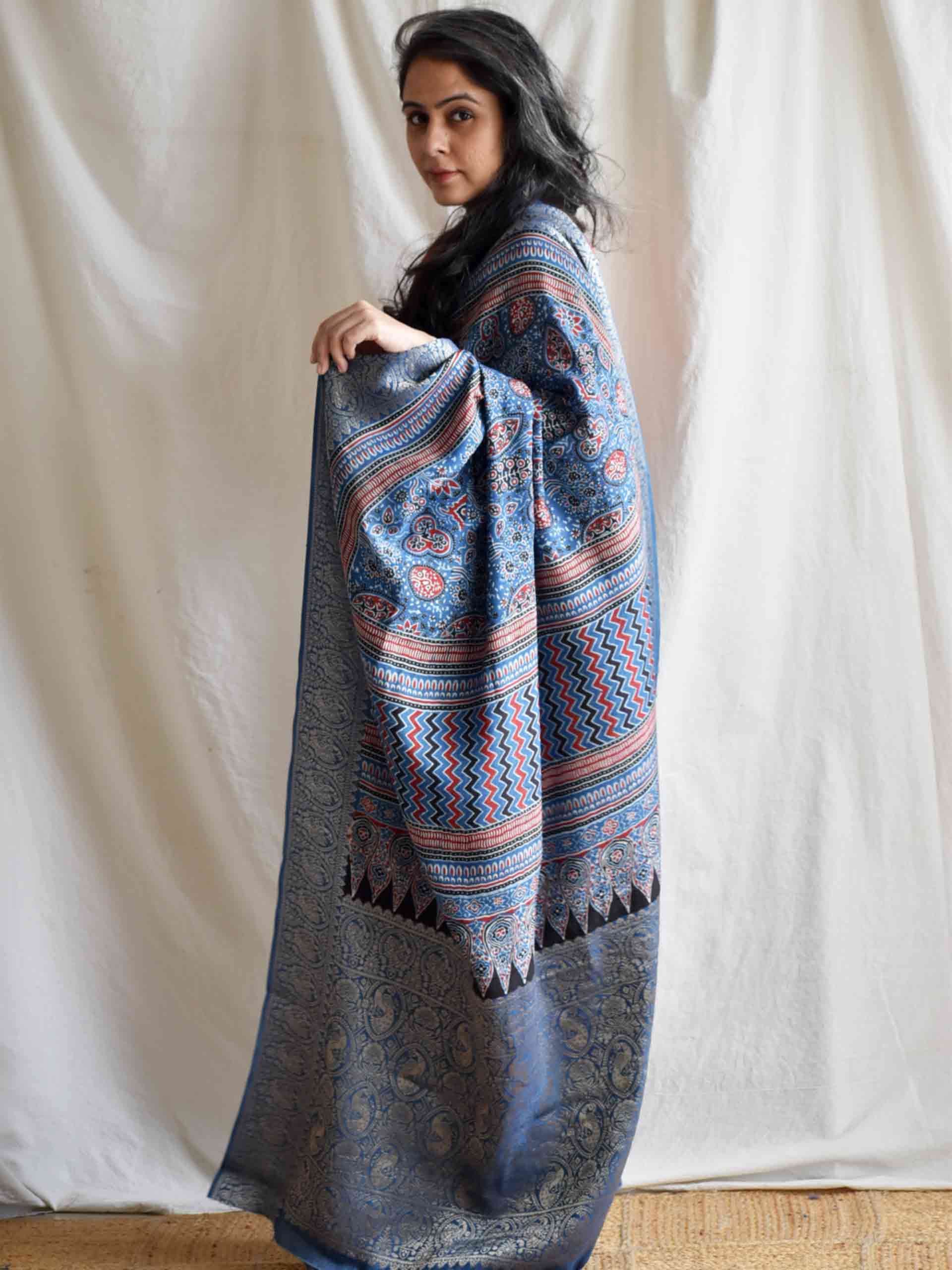 mutiyaar - Ajrakh Dola silk zari pallu saree