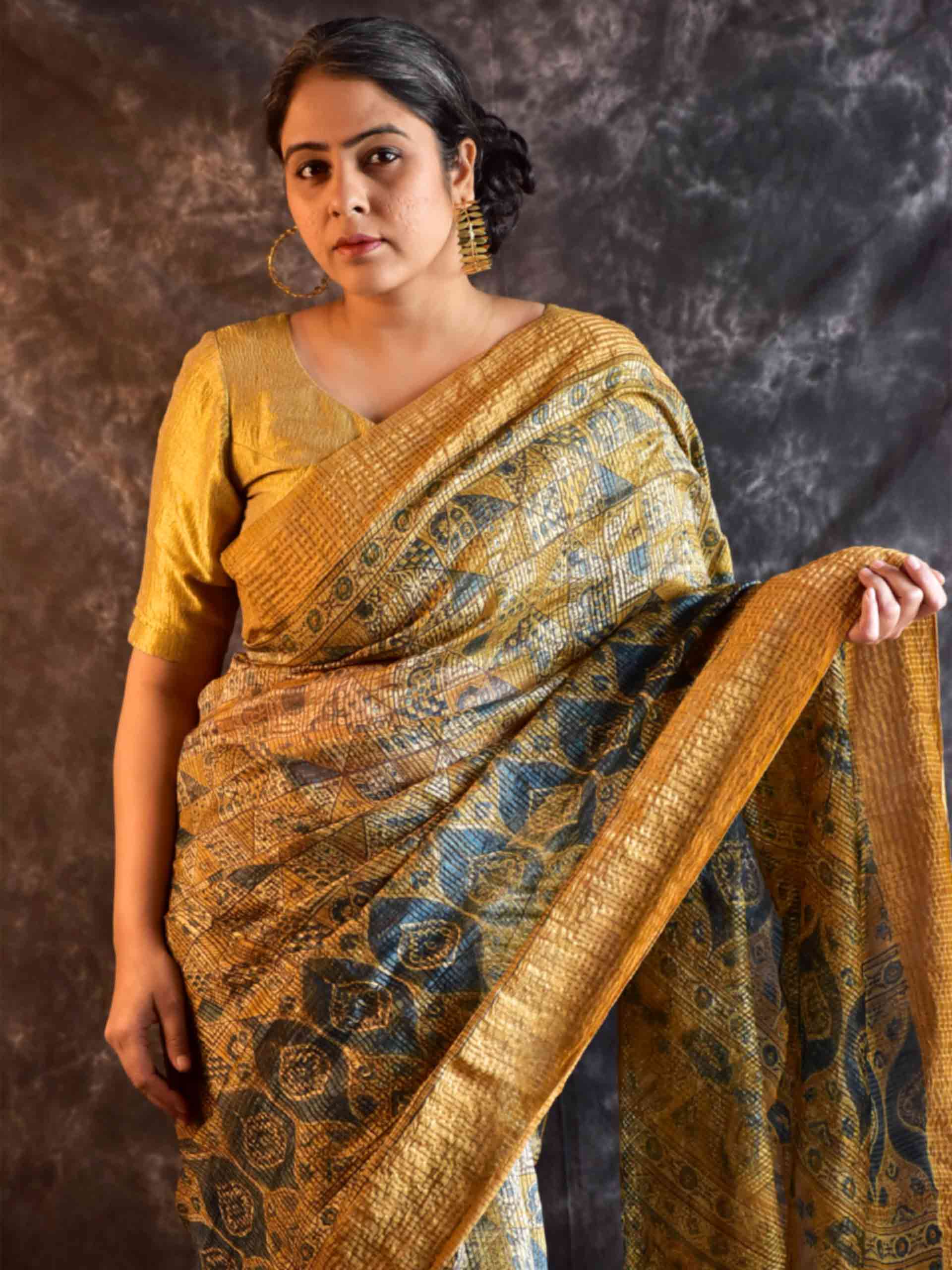 Medha - Ajrakh Handloom Dupion saree with zari border