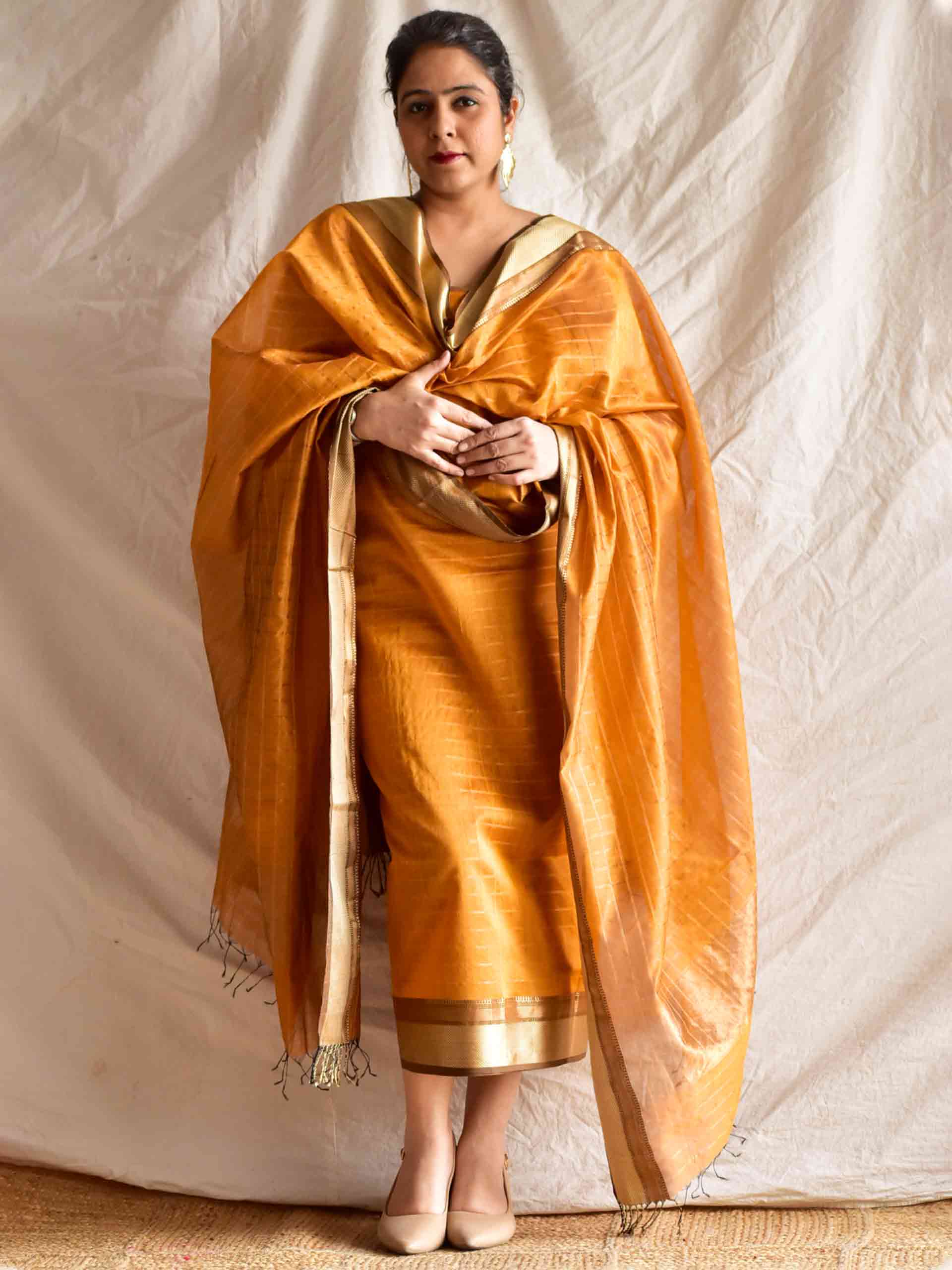 Burnt orange - Handloom Maheshwari silk 2 pc suit set