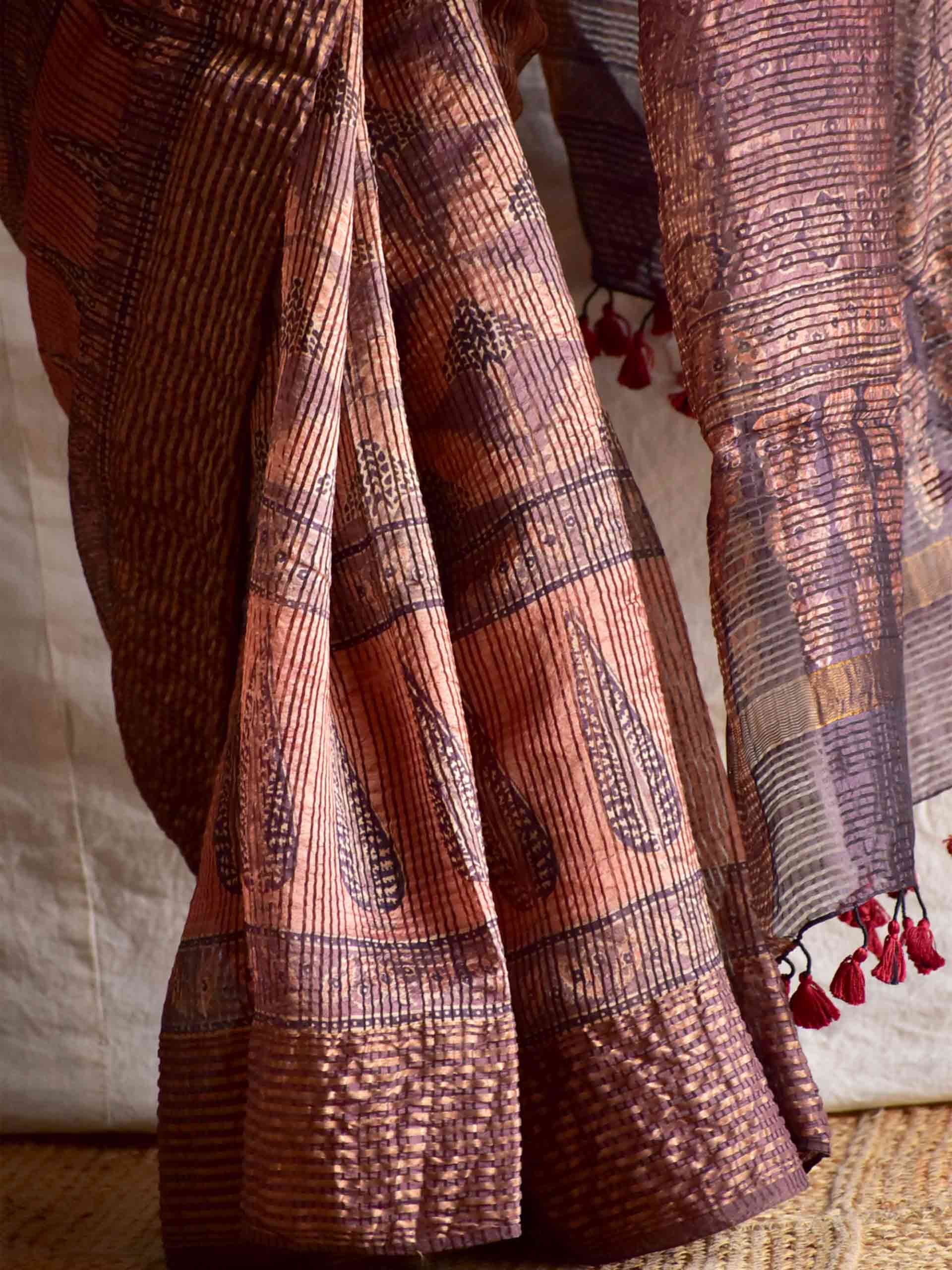 Gehra - Ajrakh Handloom Dupion saree with zari border