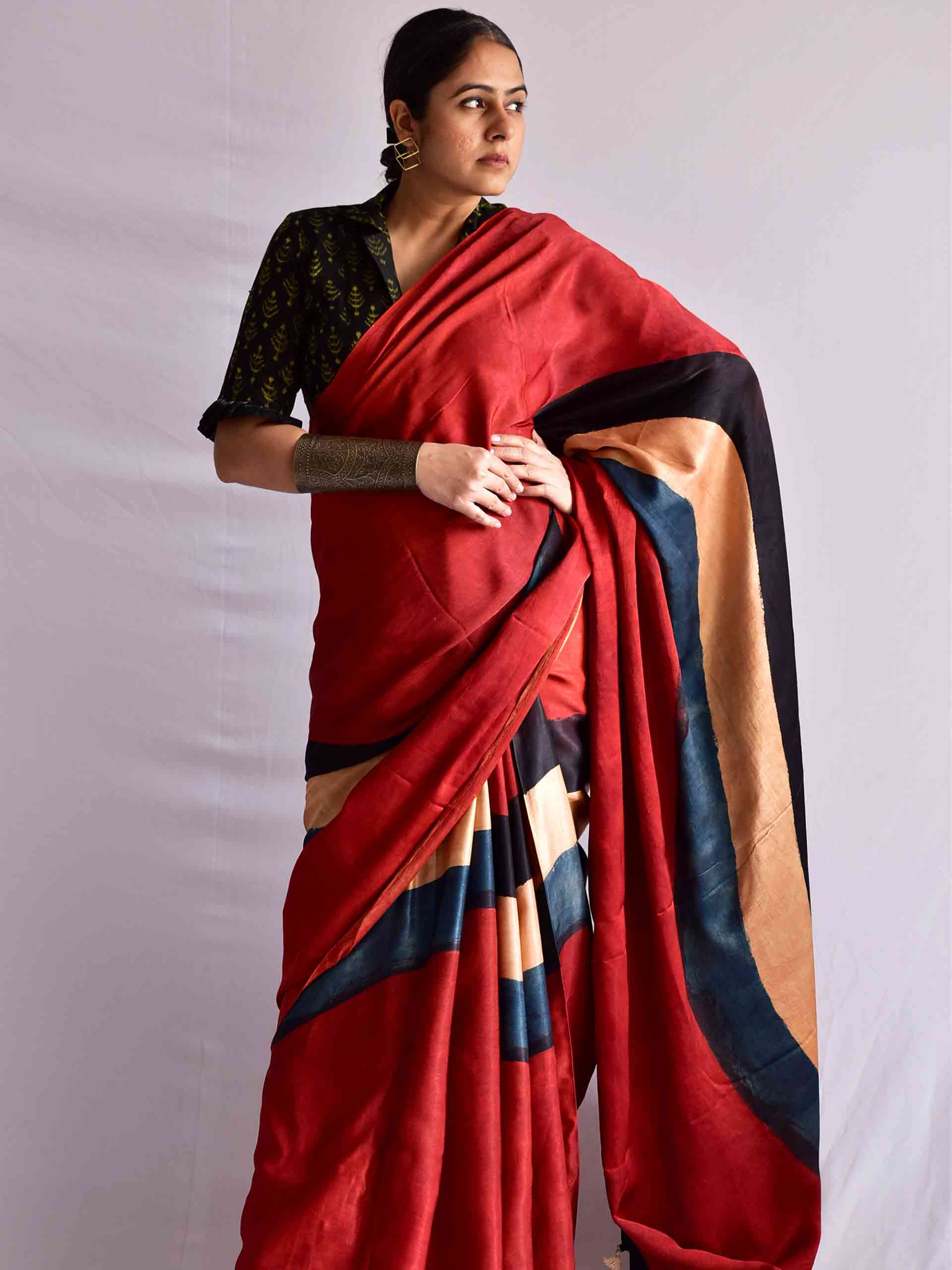 Sea waves - Ajrakh mashru silk saree