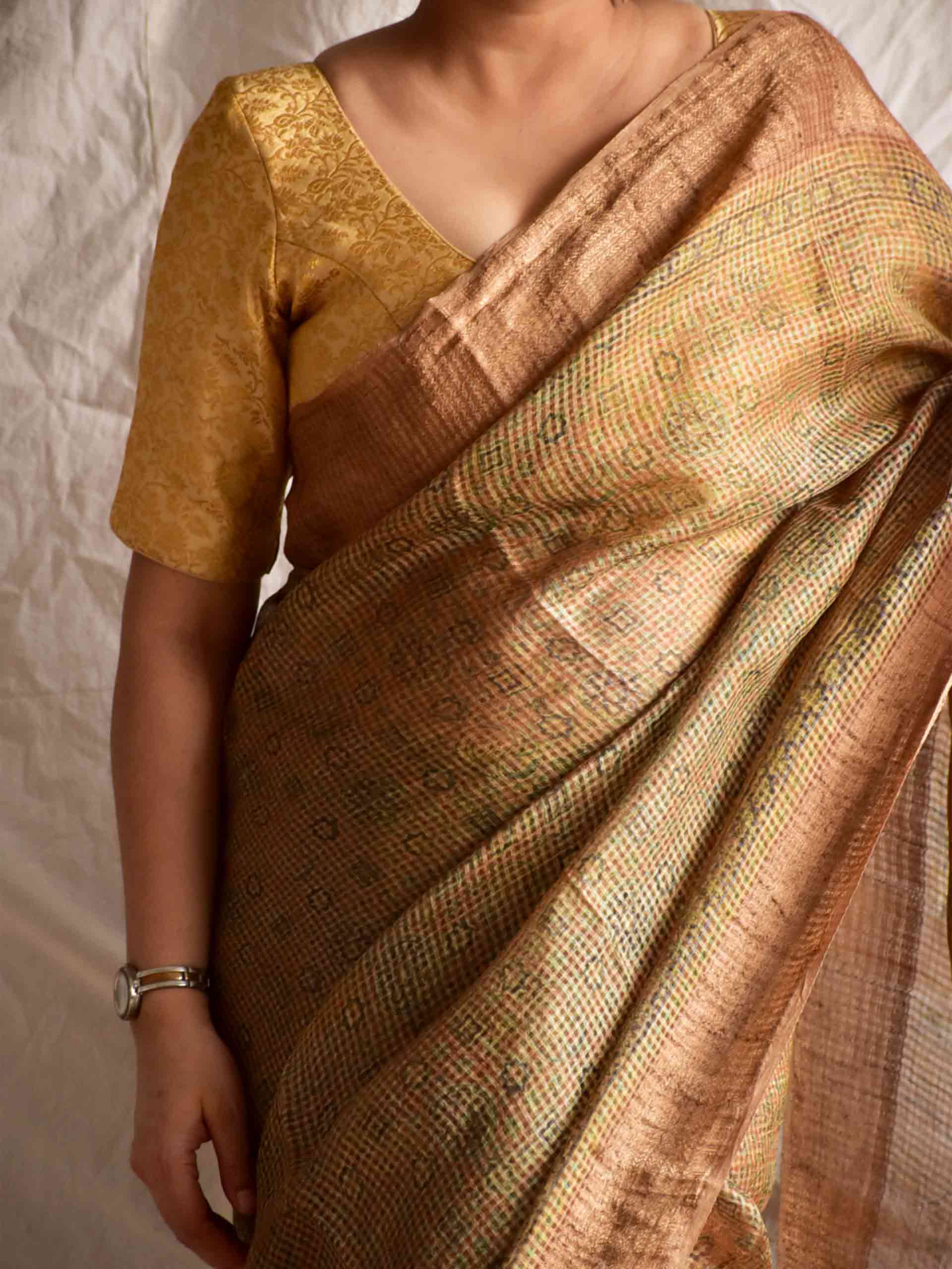 Sona - Ajrakh Handloom Dupion saree with zari border