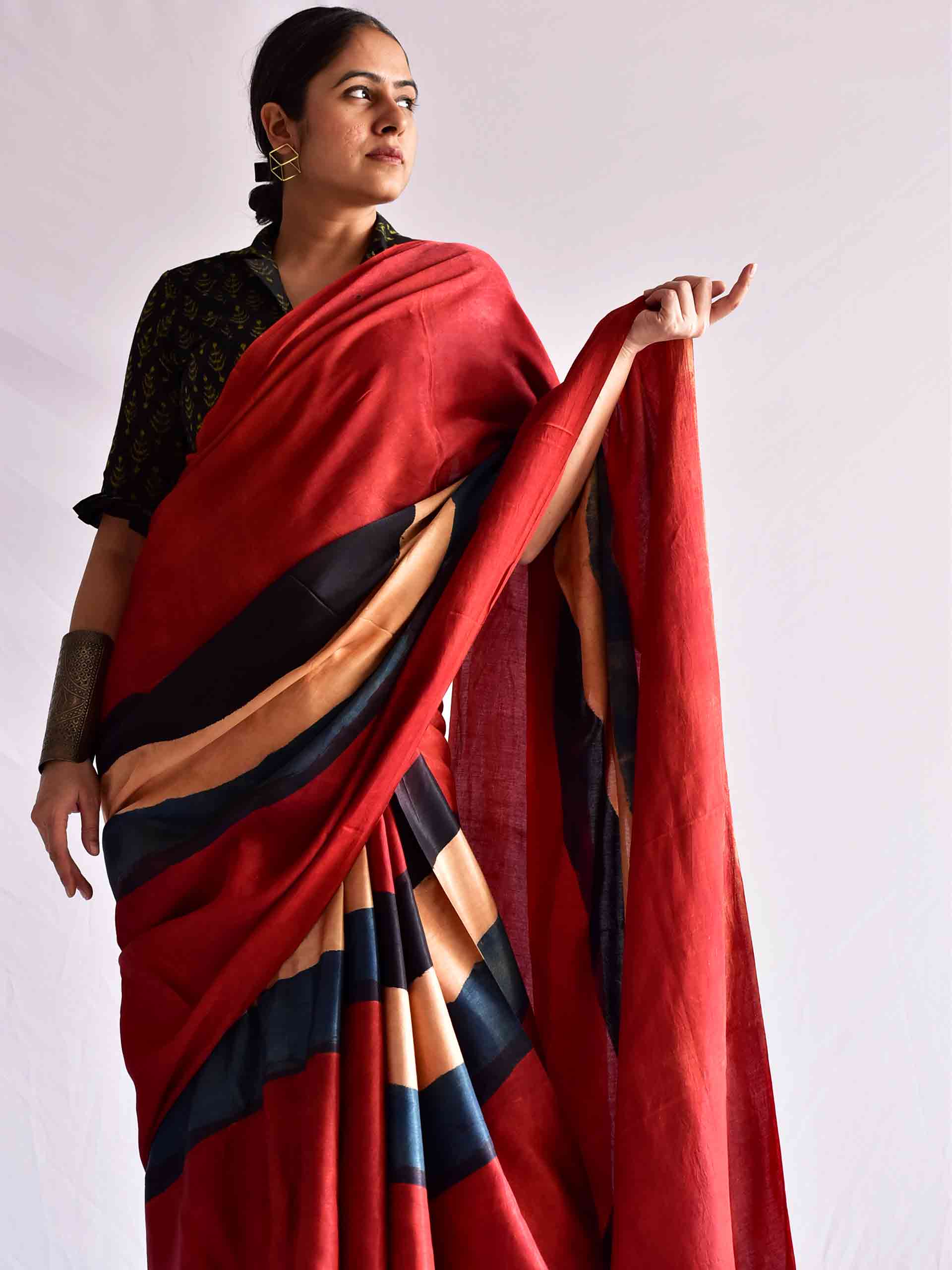 Sea waves - Ajrakh mashru silk saree