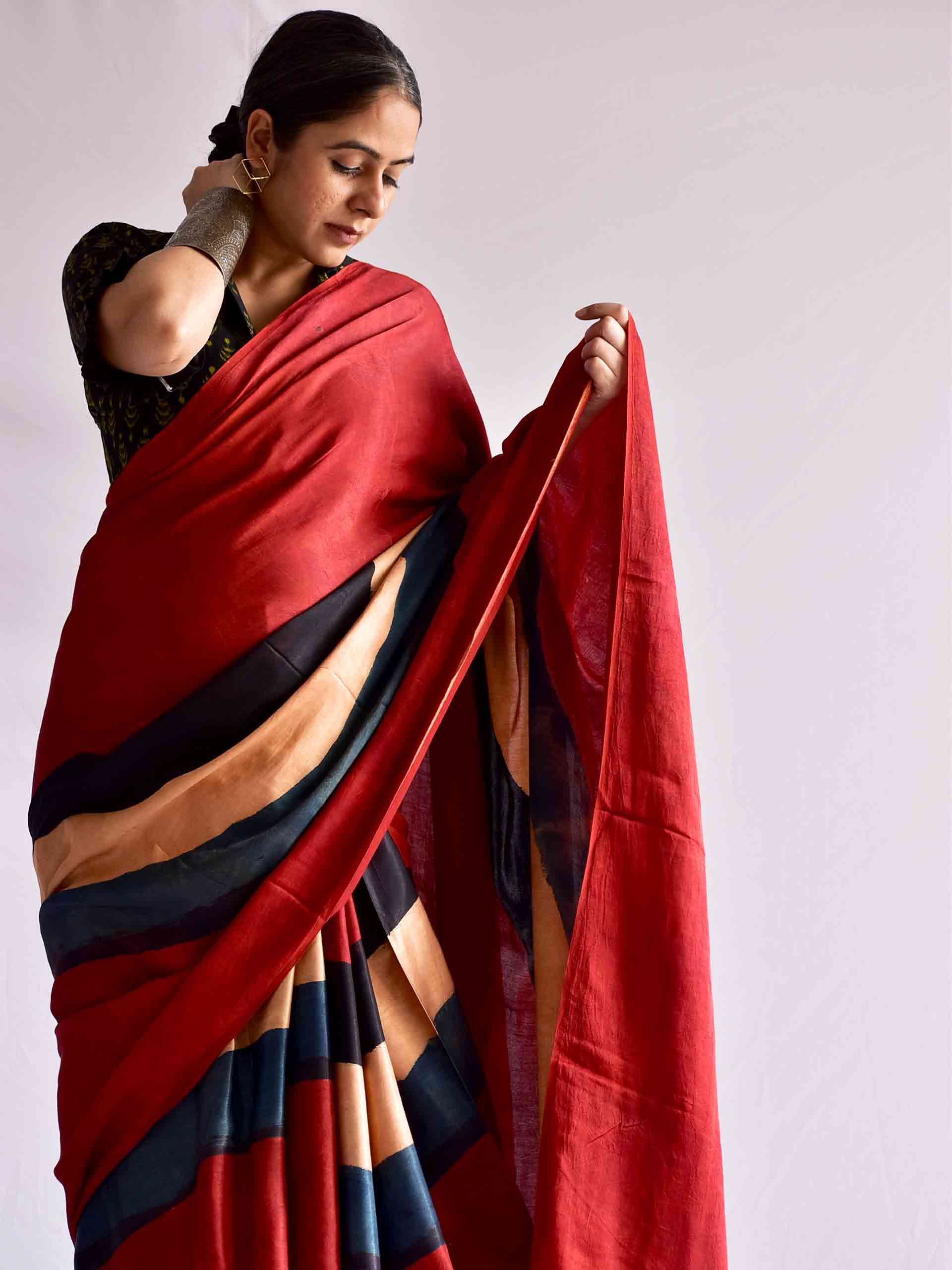 Sea waves - Ajrakh mashru silk saree