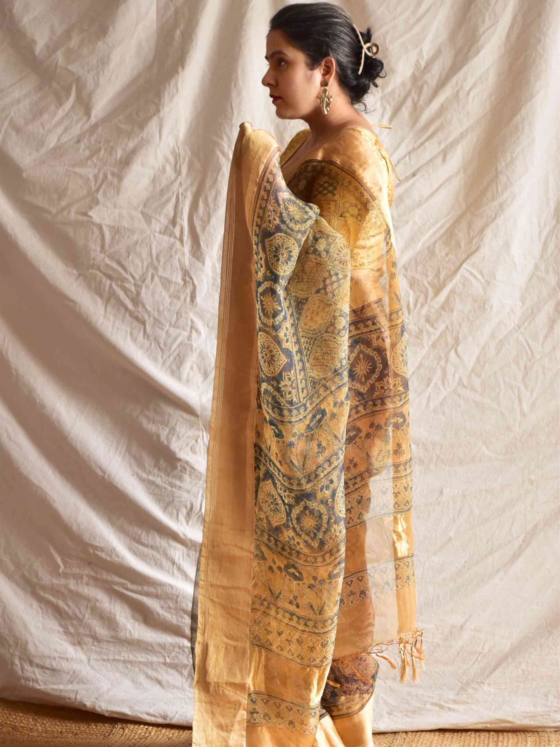 Sunehari - Ajrakh Handloom Organza saree with zari border