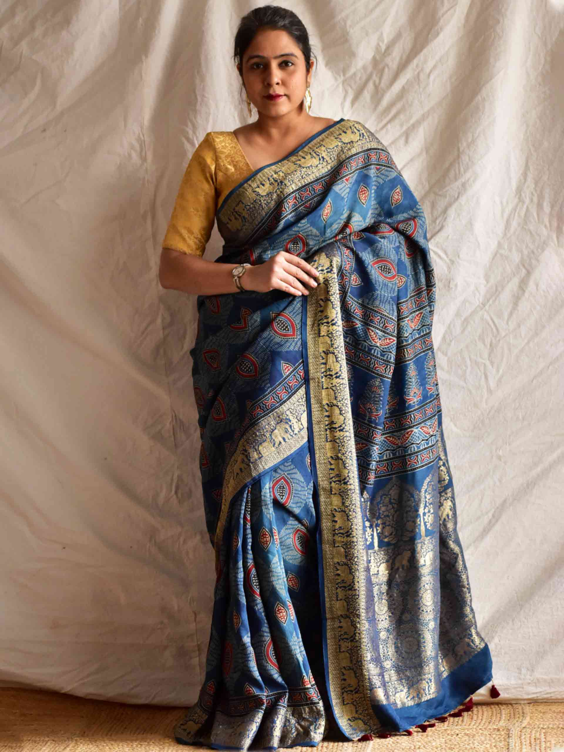Kareem - Ajrakh hand block printed Dola Silk zari border Saree