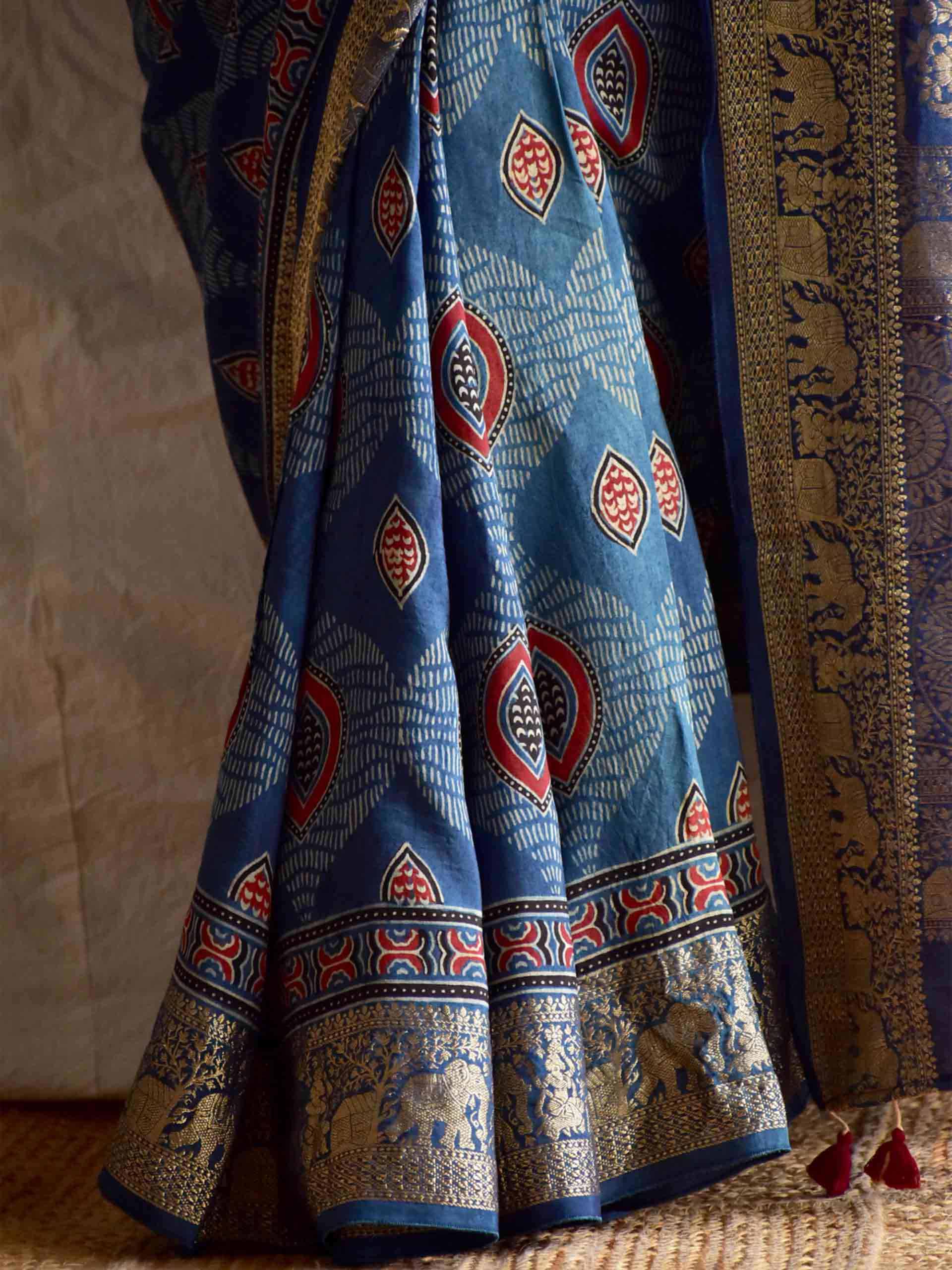 Kareem - Ajrakh hand block printed Dola Silk zari border Saree