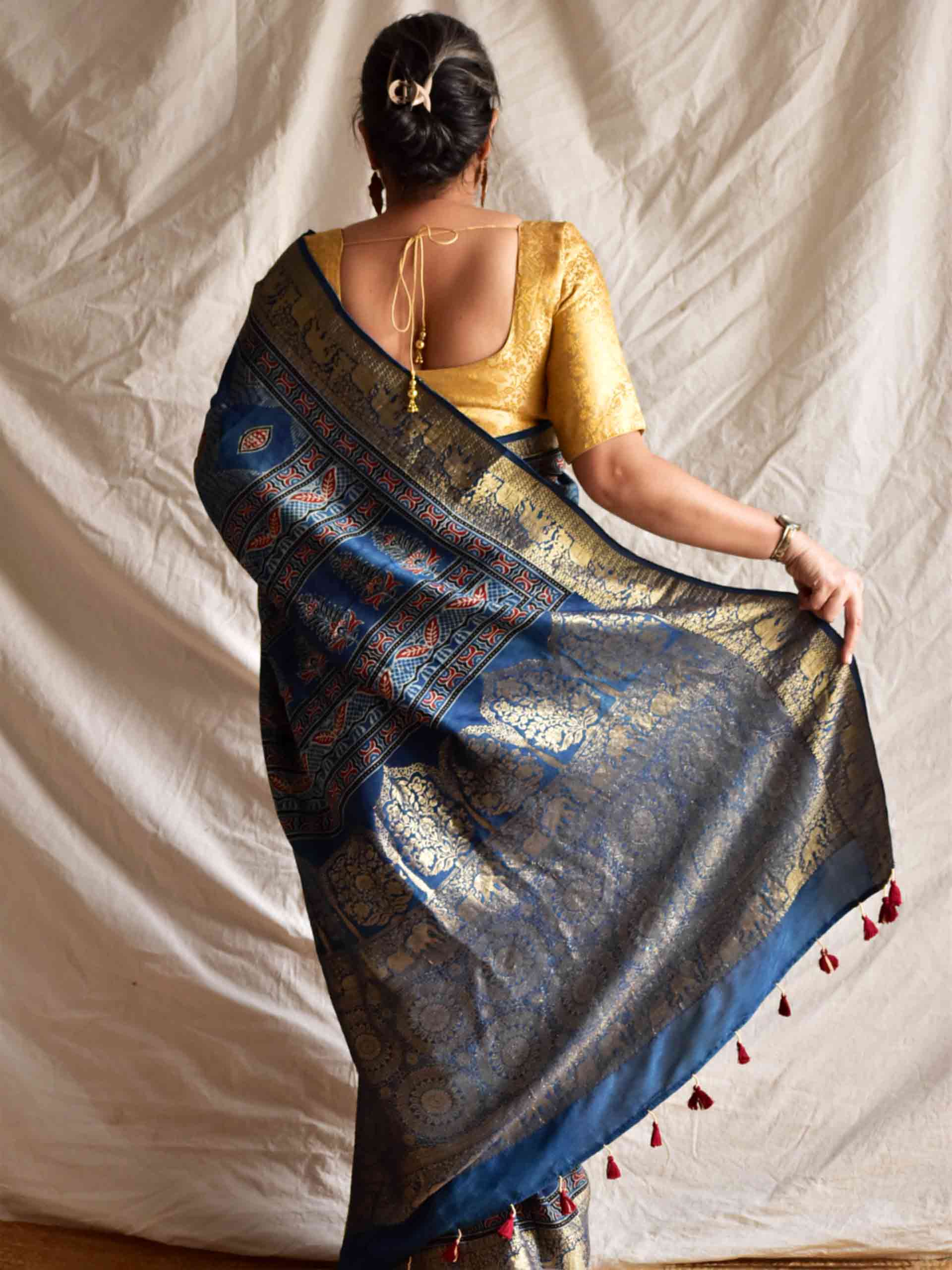 Kareem - Ajrakh hand block printed Dola Silk zari border Saree