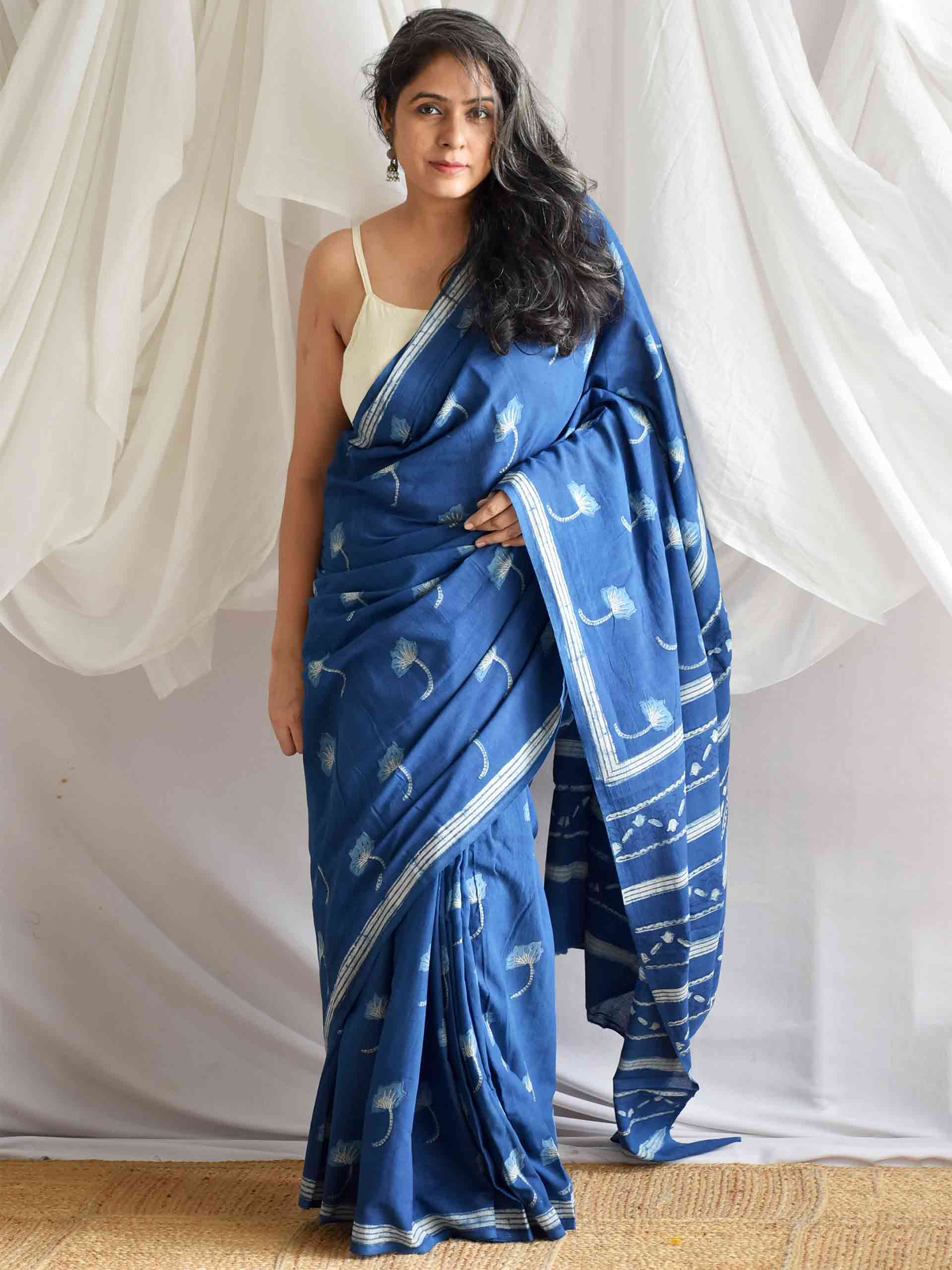 Poppy Indigo mul cotton saree