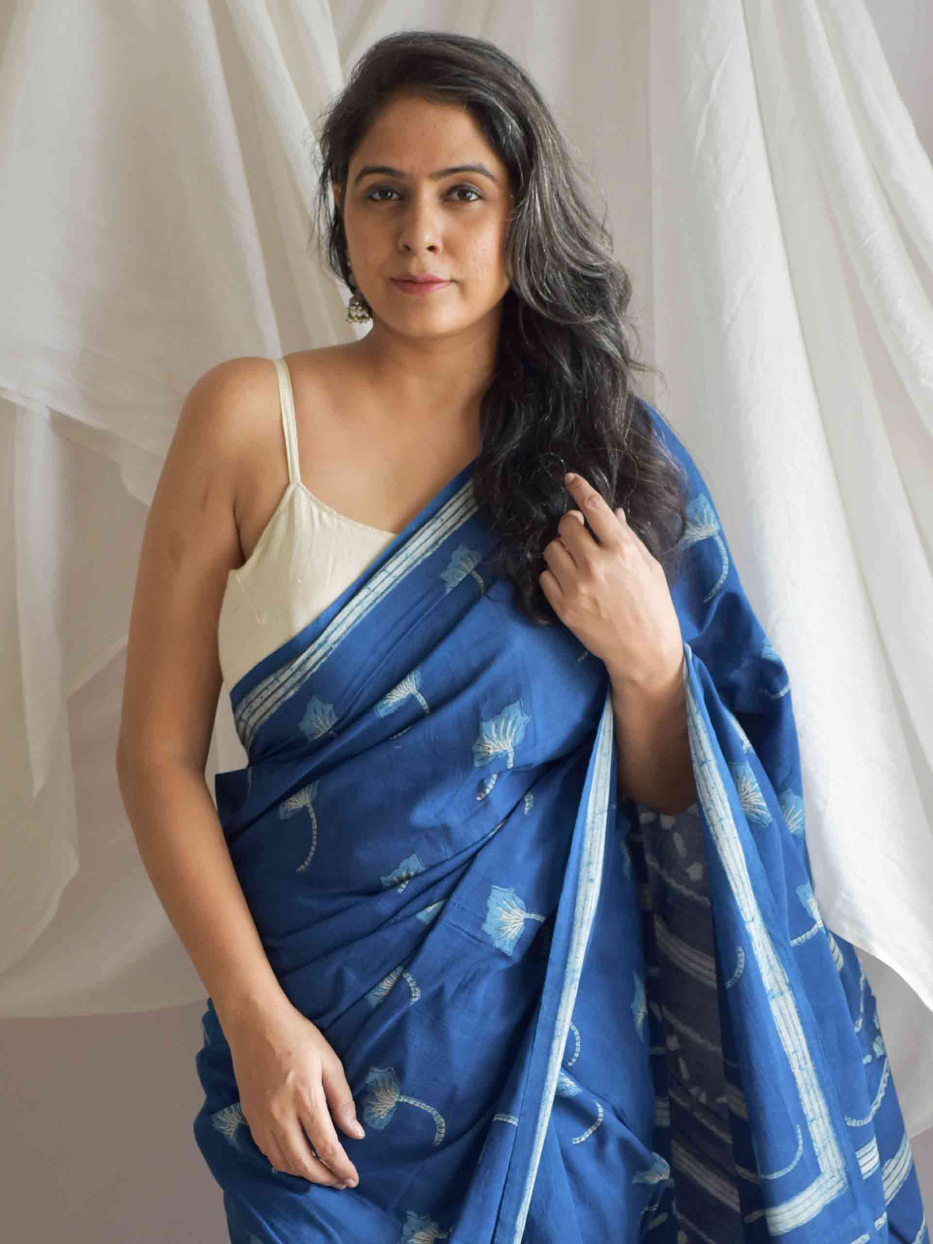 Poppy Indigo mul cotton saree