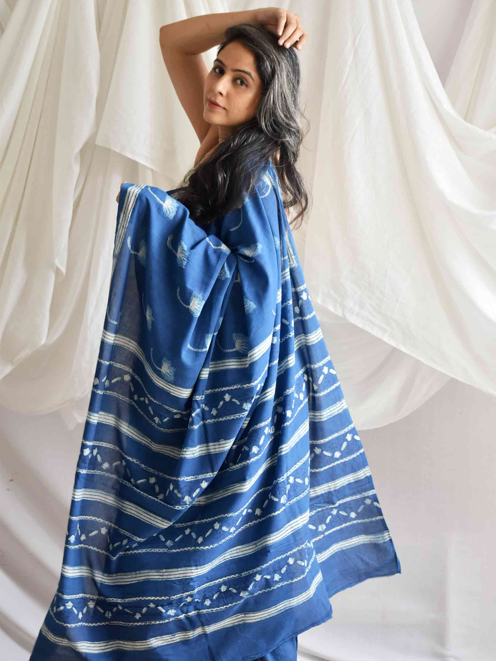 Poppy Indigo mul cotton saree