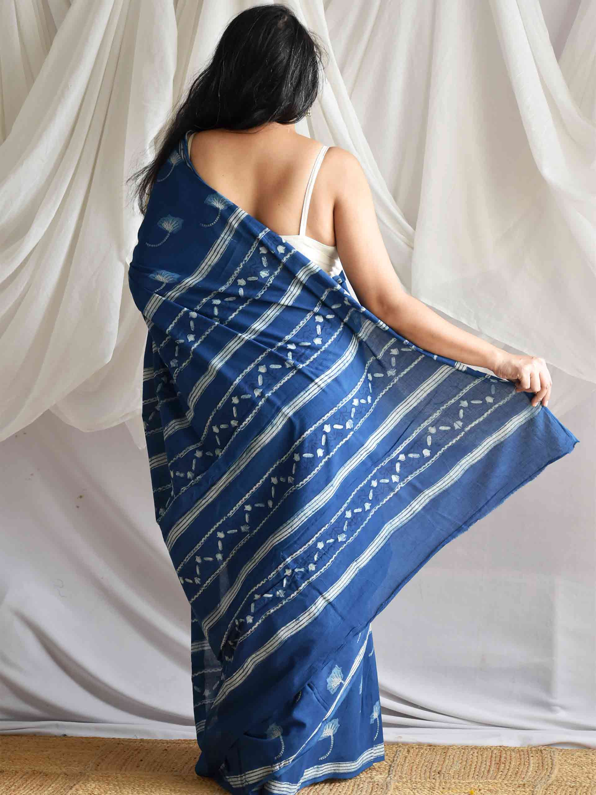 Poppy Indigo mul cotton saree