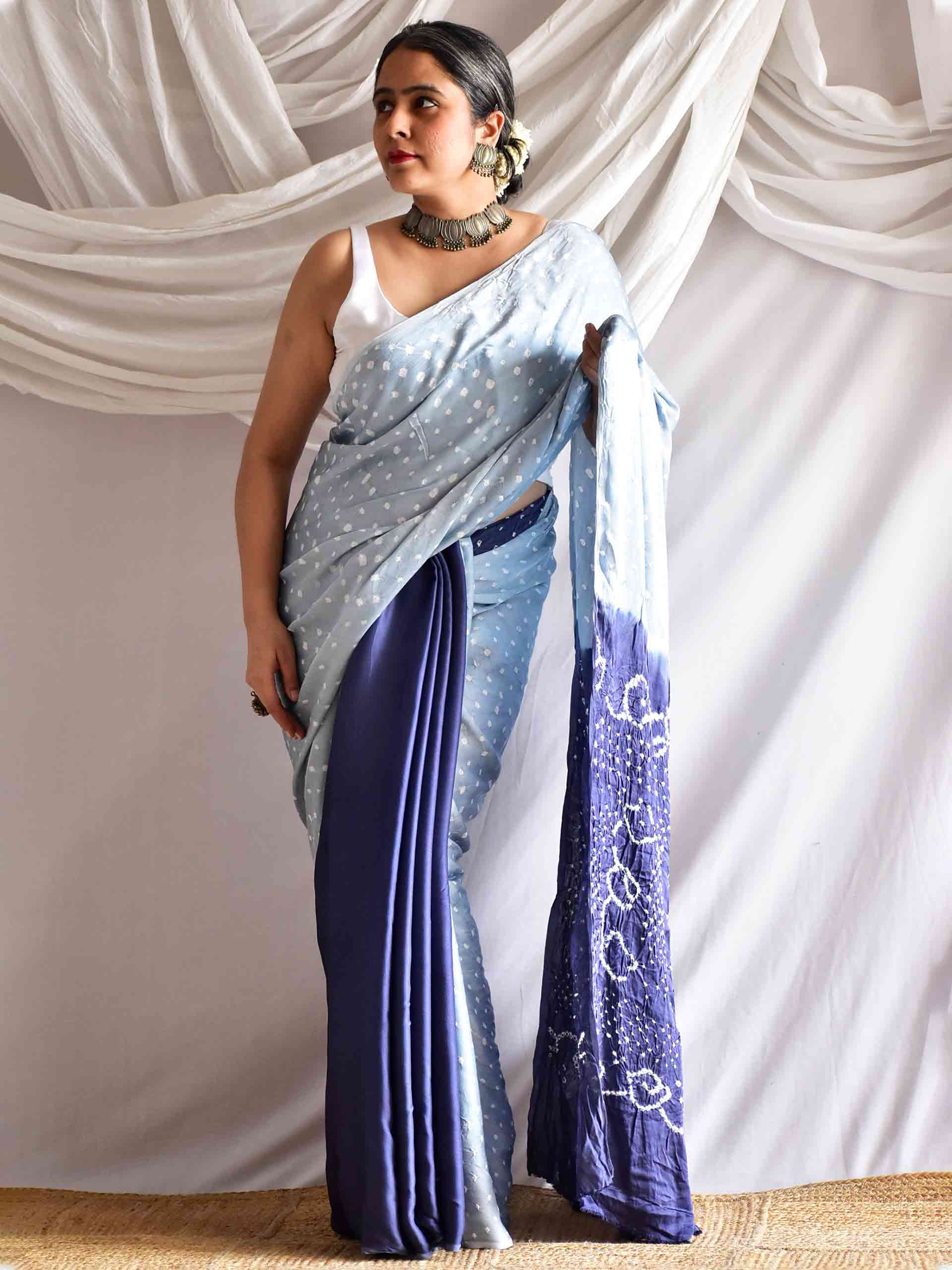 Grey mood - Modal silk Bandhani saree