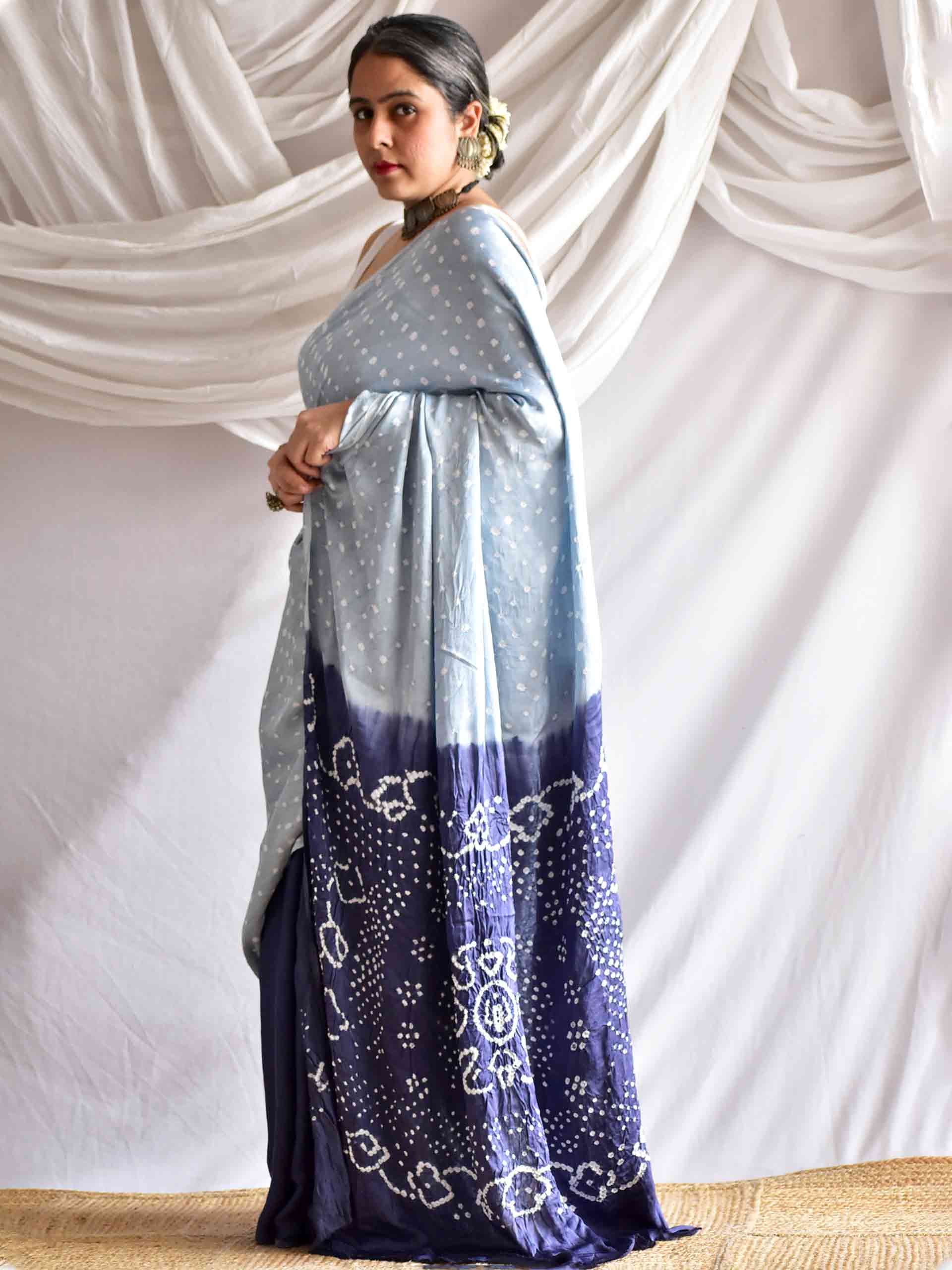 Grey mood - Modal silk Bandhani saree